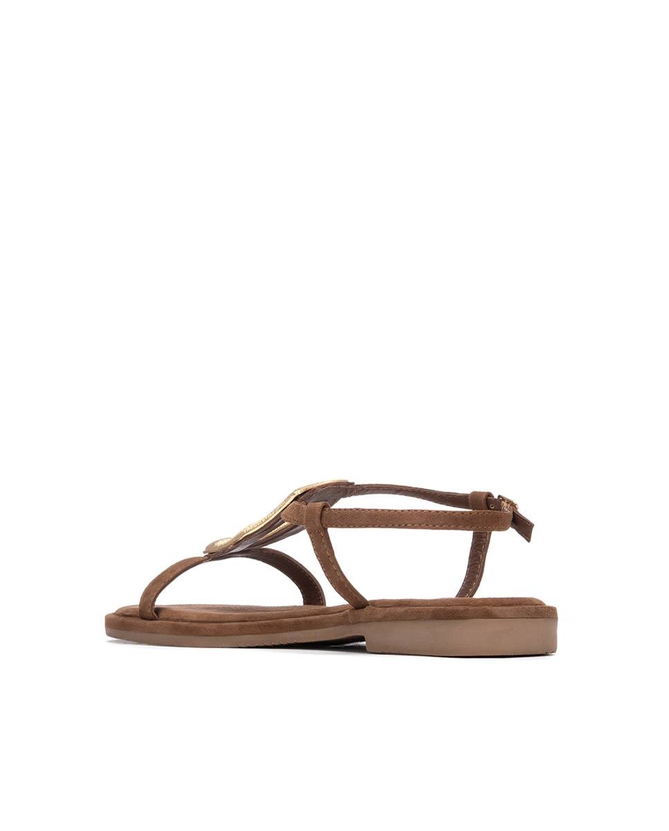 Sandalias planas de mujer de piel con cierre de hebilla - Carmela - Camel Camel-2