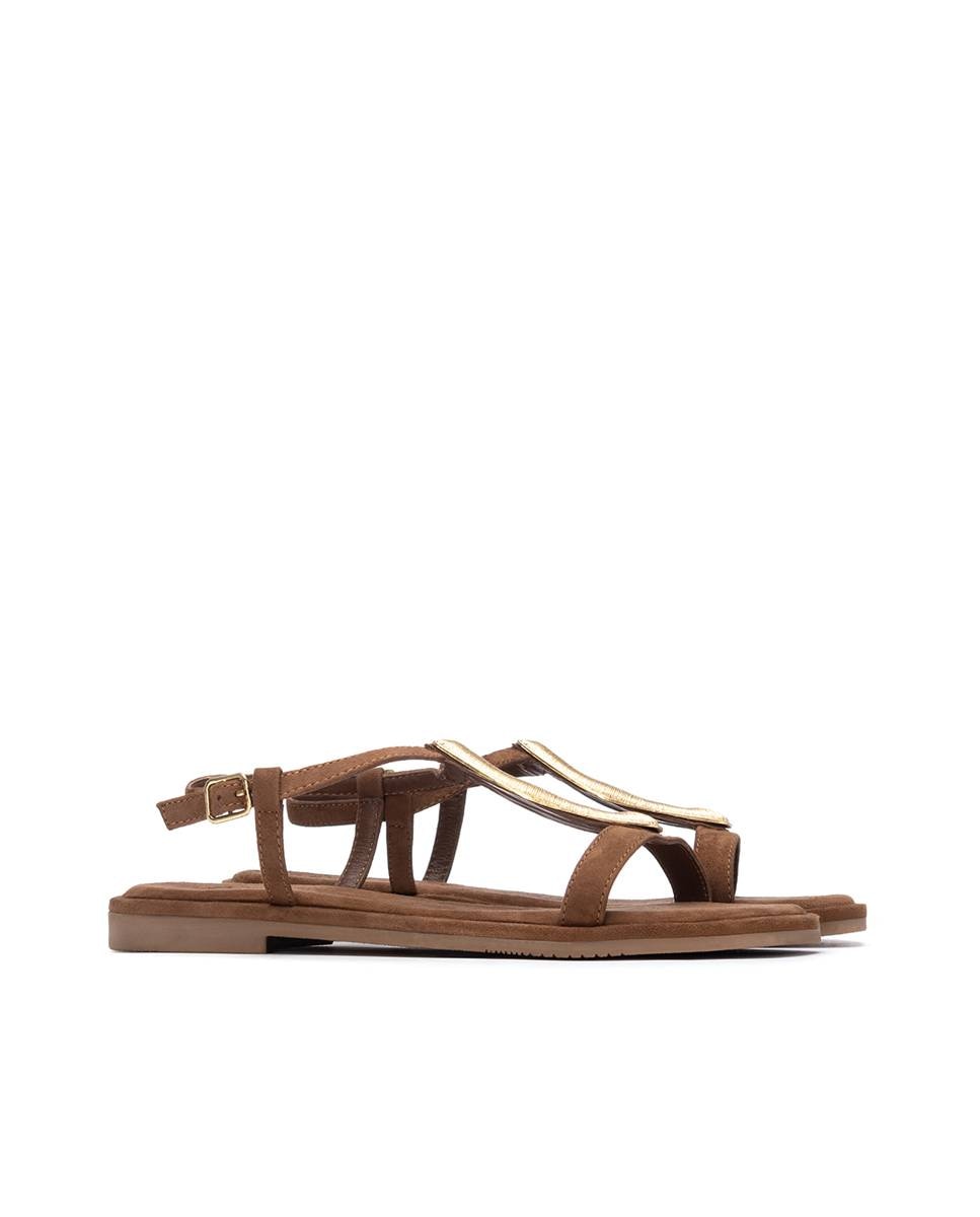 Sandalias planas de mujer de piel con cierre de hebilla - Carmela - Camel Camel-4