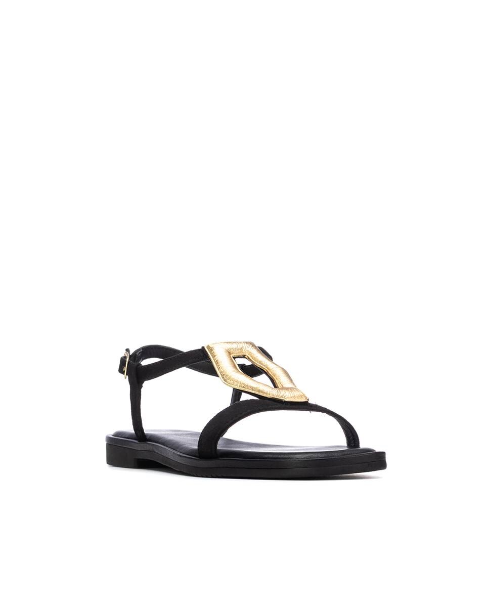 Sandalias planas de mujer de piel con cierre de hebilla - Carmela - Negro Negro-3