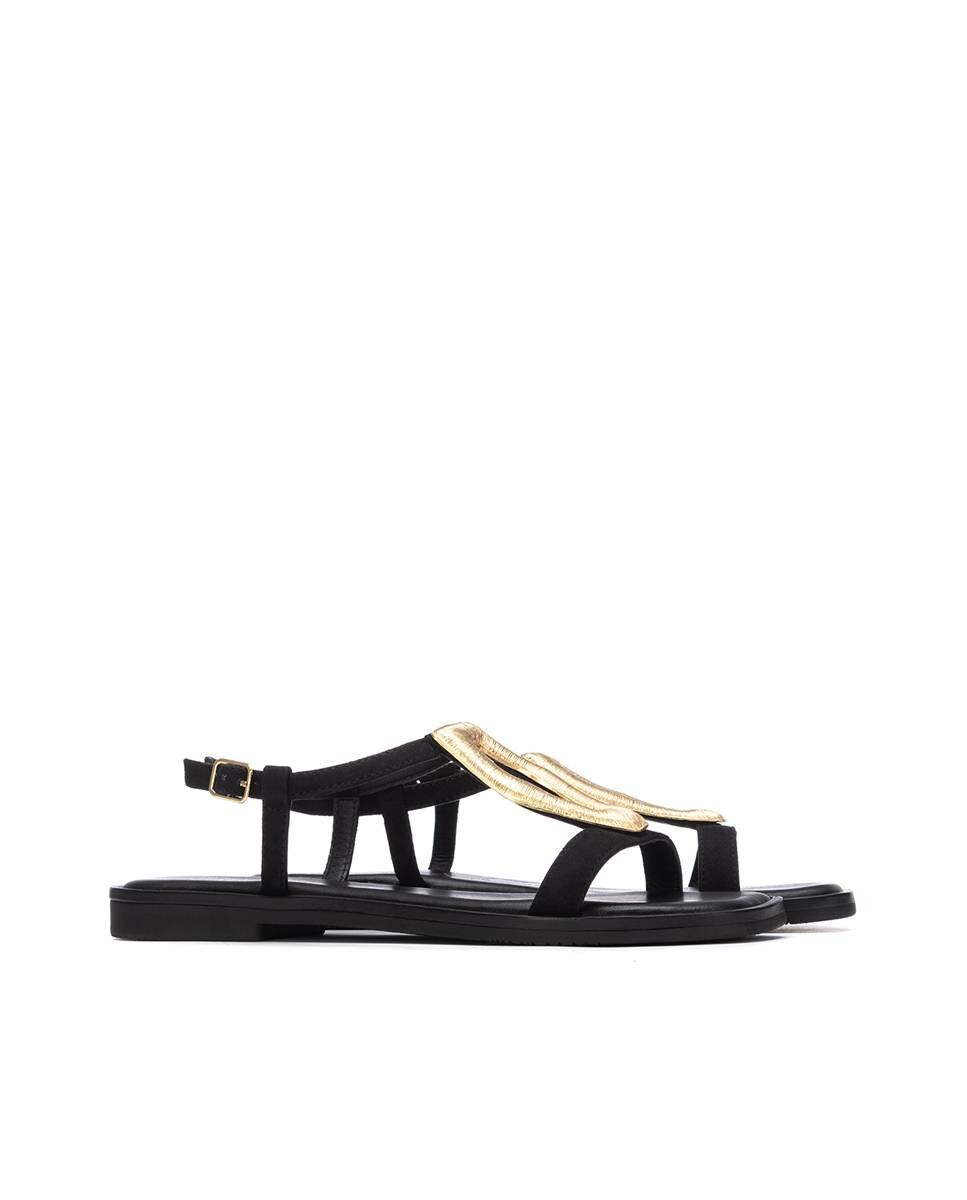 Sandalias planas de mujer de piel con cierre de hebilla - Carmela - Negro Negro-4