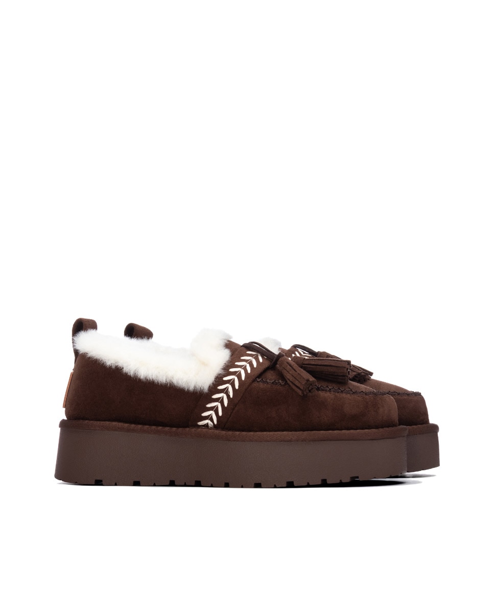 Mocasín de mujer con pelo y borlas - Xti - Marrón Marrón-5
