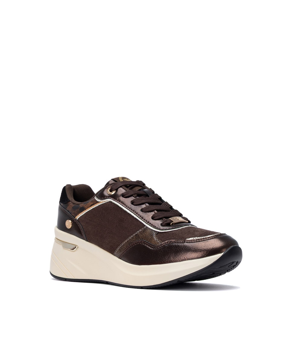 Zapatillas de mujer con cuña y cordones - Xti - Marrón Marrón-3