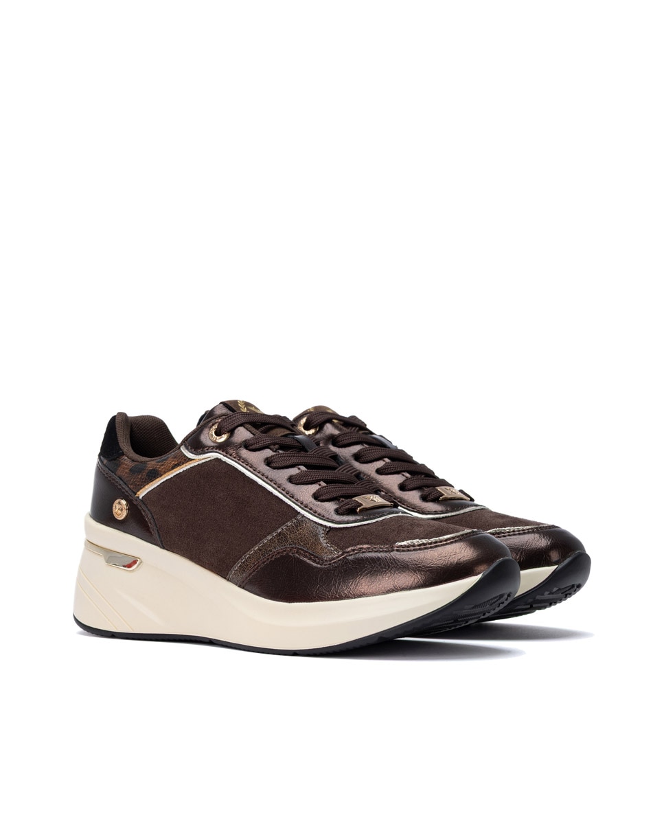 Zapatillas de mujer con cuña y cordones - Xti - Marrón Marrón-4