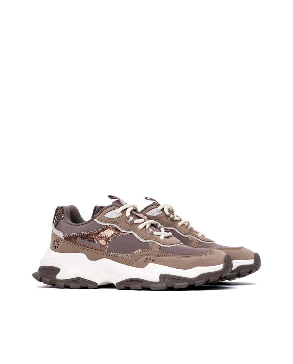 Zapatilla de mujer con cordones y plataforma - Refresh - Marrón Marrón-4