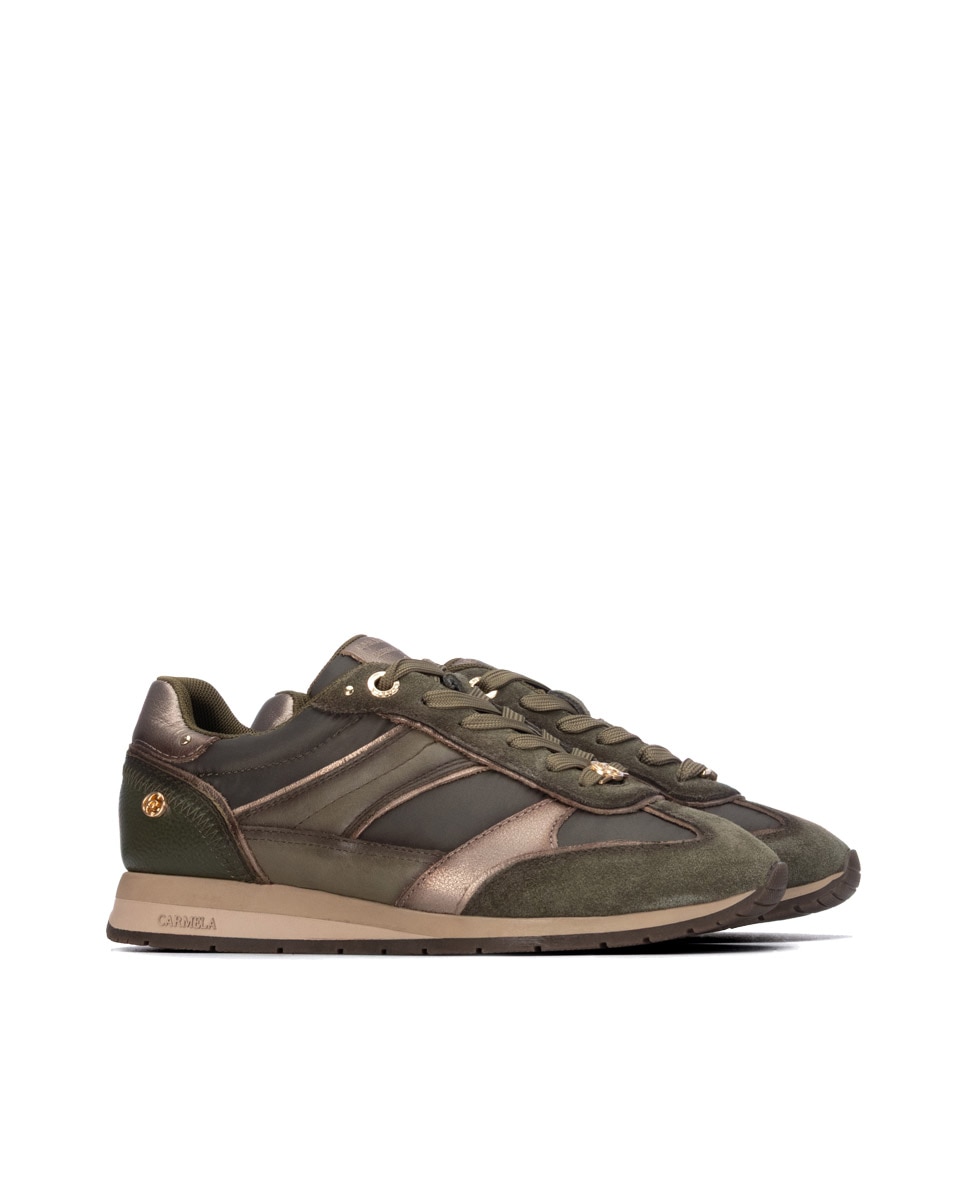 Zapatilla de mujer con cordones de piel - Carmela - Kaki Kaki-4