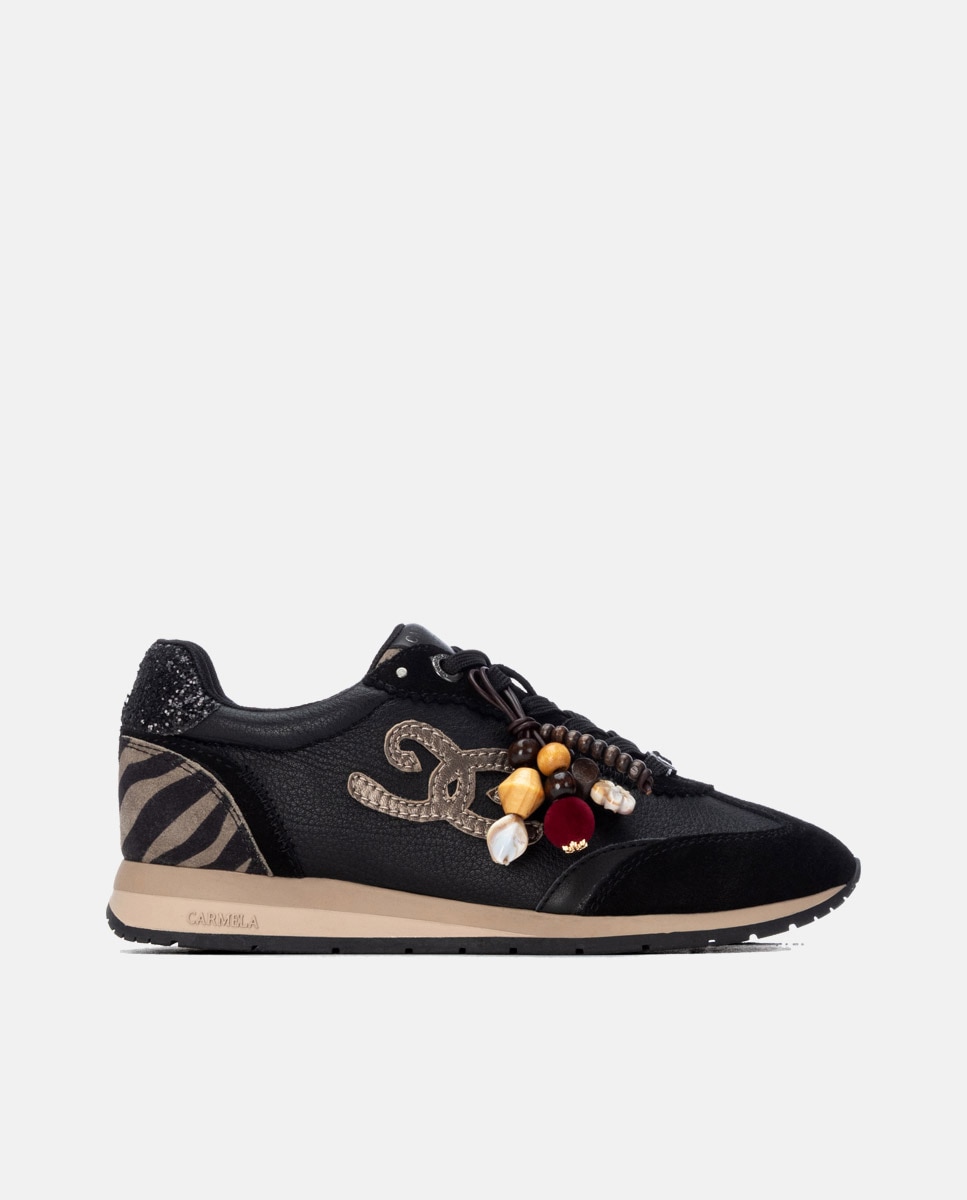 Zapatilla de mujer con cordones de piel - Carmela - Negro Negro-1