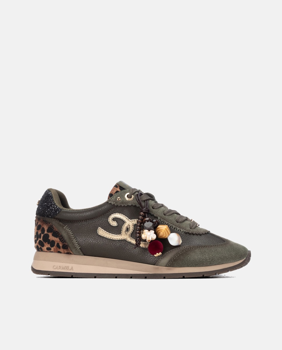 Zapatilla de mujer con cordones de piel - Carmela - Kaki Kaki-1