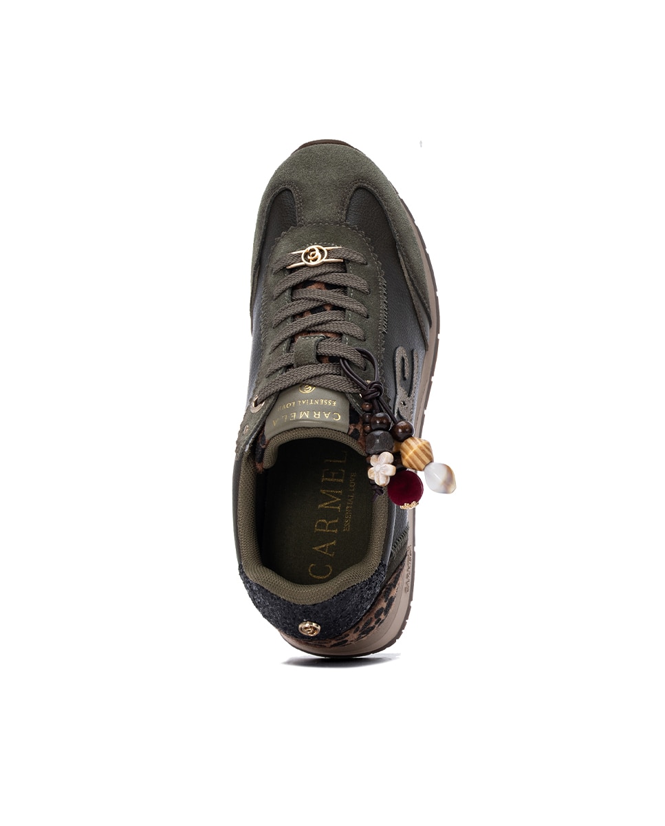 Zapatilla de mujer con cordones de piel - Carmela - Kaki Kaki-4