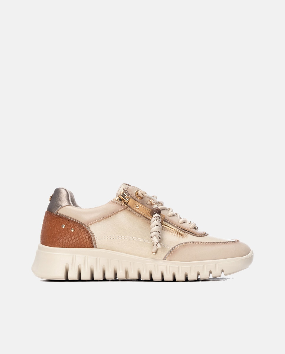 Zapatilla de mujer con cordones de piel - Carmela - Beige Beige-1