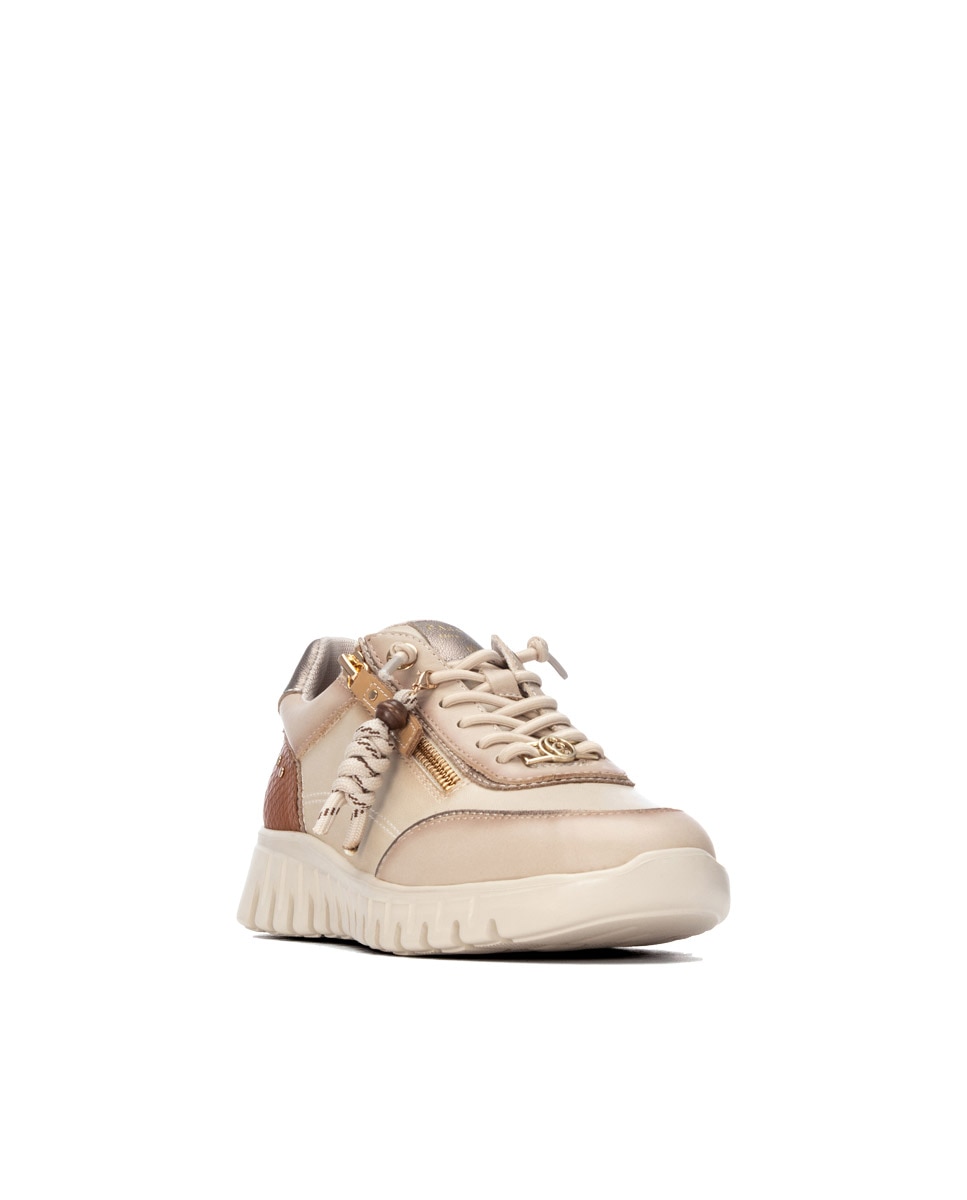 Zapatilla de mujer con cordones de piel - Carmela - Beige Beige-3