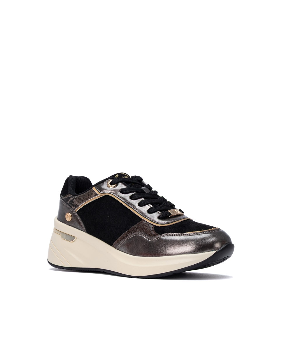 Zapatillas de mujer con cuña y cordones - Xti - Negro Negro-3