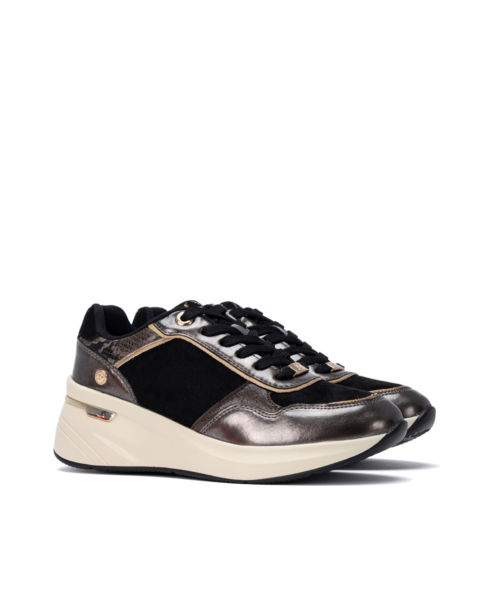 Zapatillas de mujer con cuña y cordones - Xti - Negro Negro-4