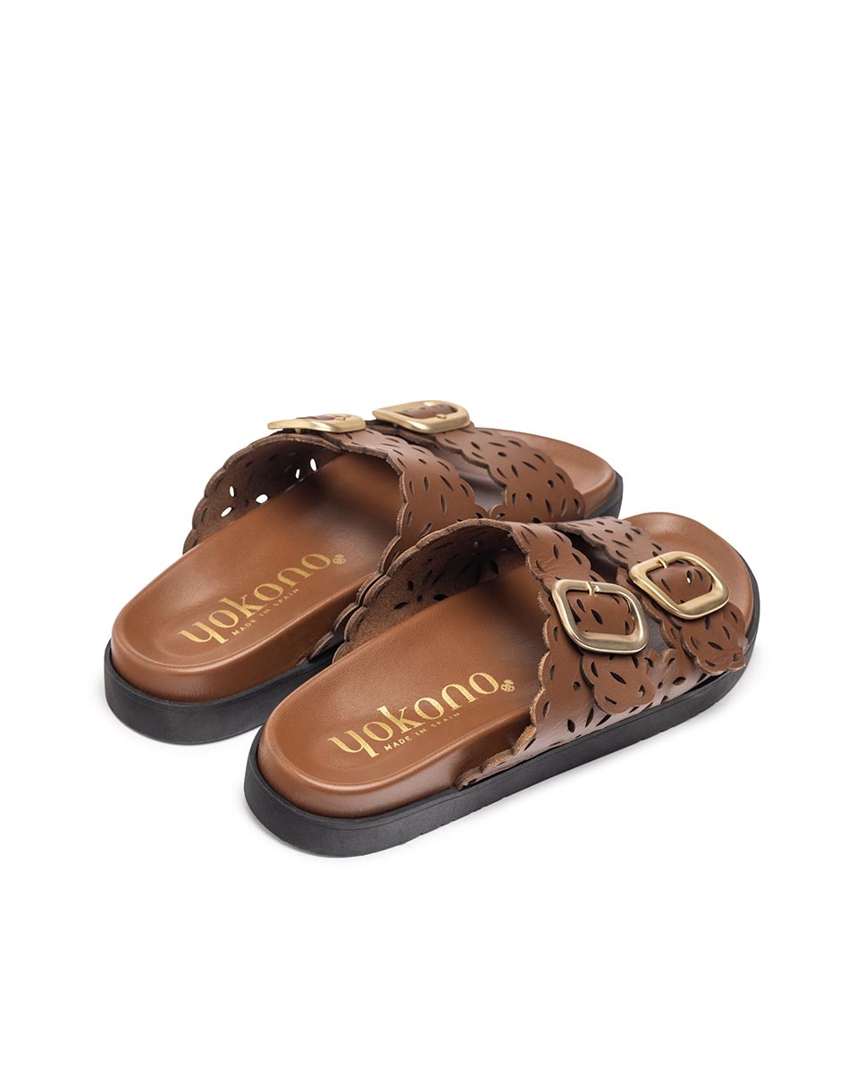 Sandalias planas de mujer de piel - Yokono - Marrón oscuro Marrón oscuro-4