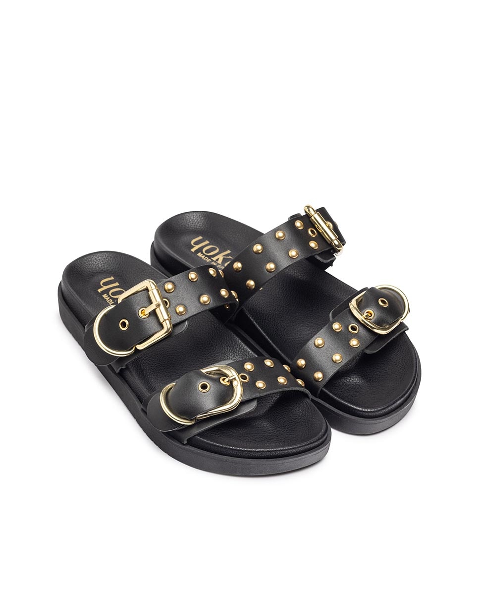 Sandalias planas de mujer de piel - Yokono - Negro Negro-2