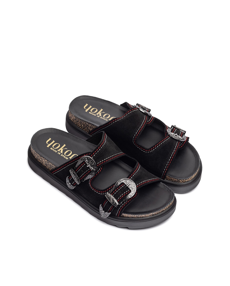 Sandalias planas de mujer de piel - Yokono - Negro Negro-4