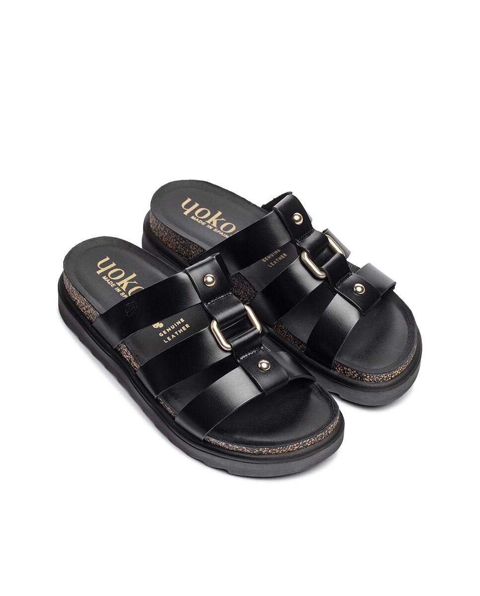Sandalias planas de mujer de piel - Yokono - Negro Negro-4