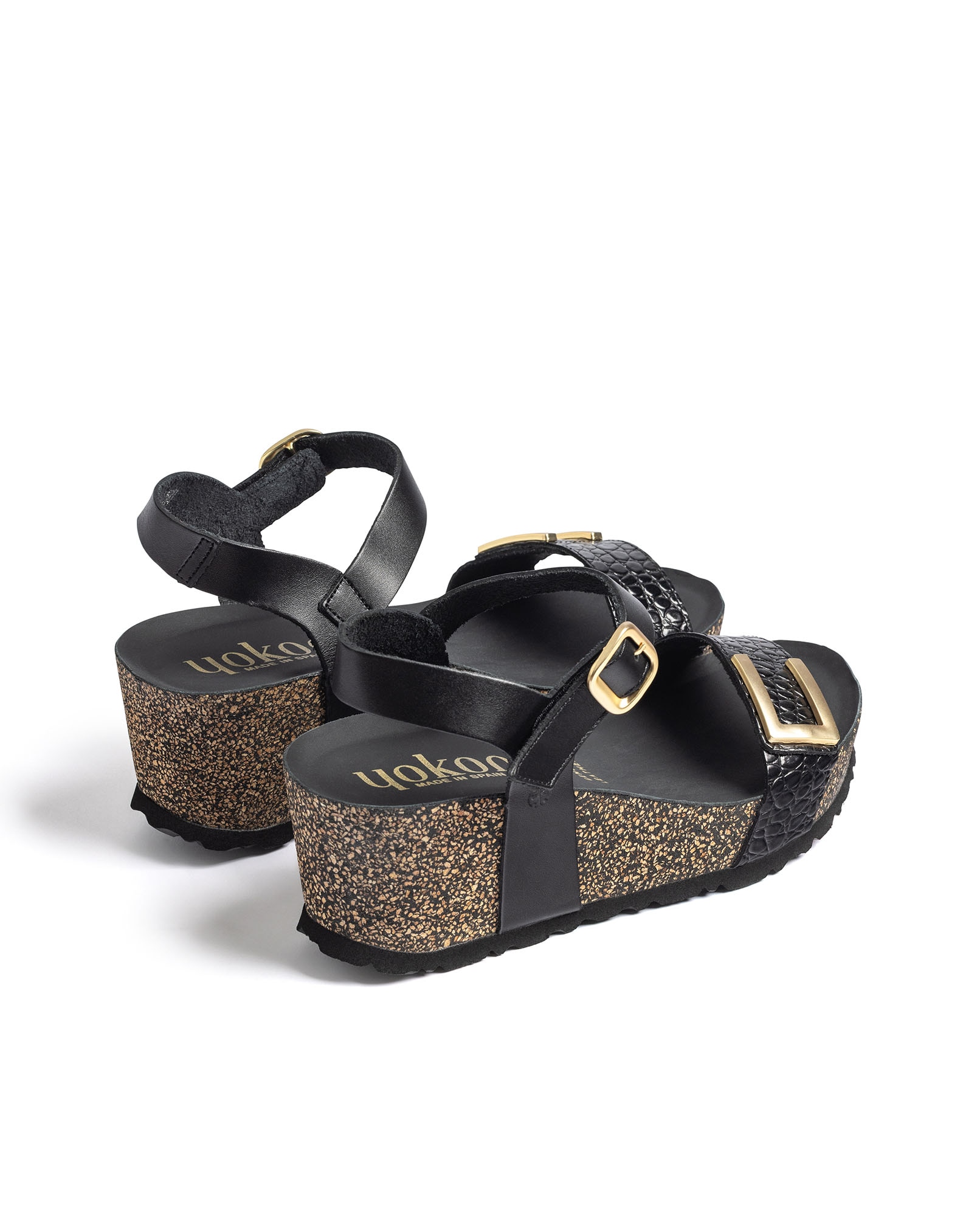 Sandalias de cuña de mujer de piel - Yokono - Negro Negro-4