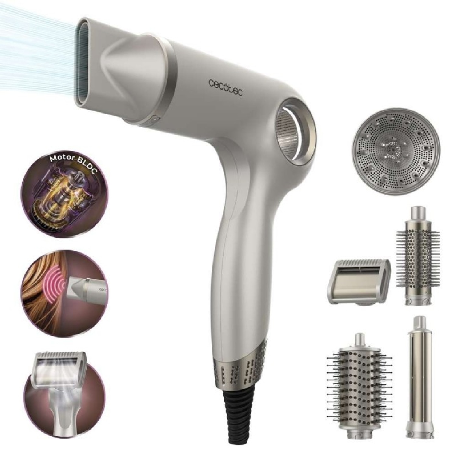 Cecotec - Secador de pelo BLDC Cecotec DryGlam Waves Sensor 6in1.