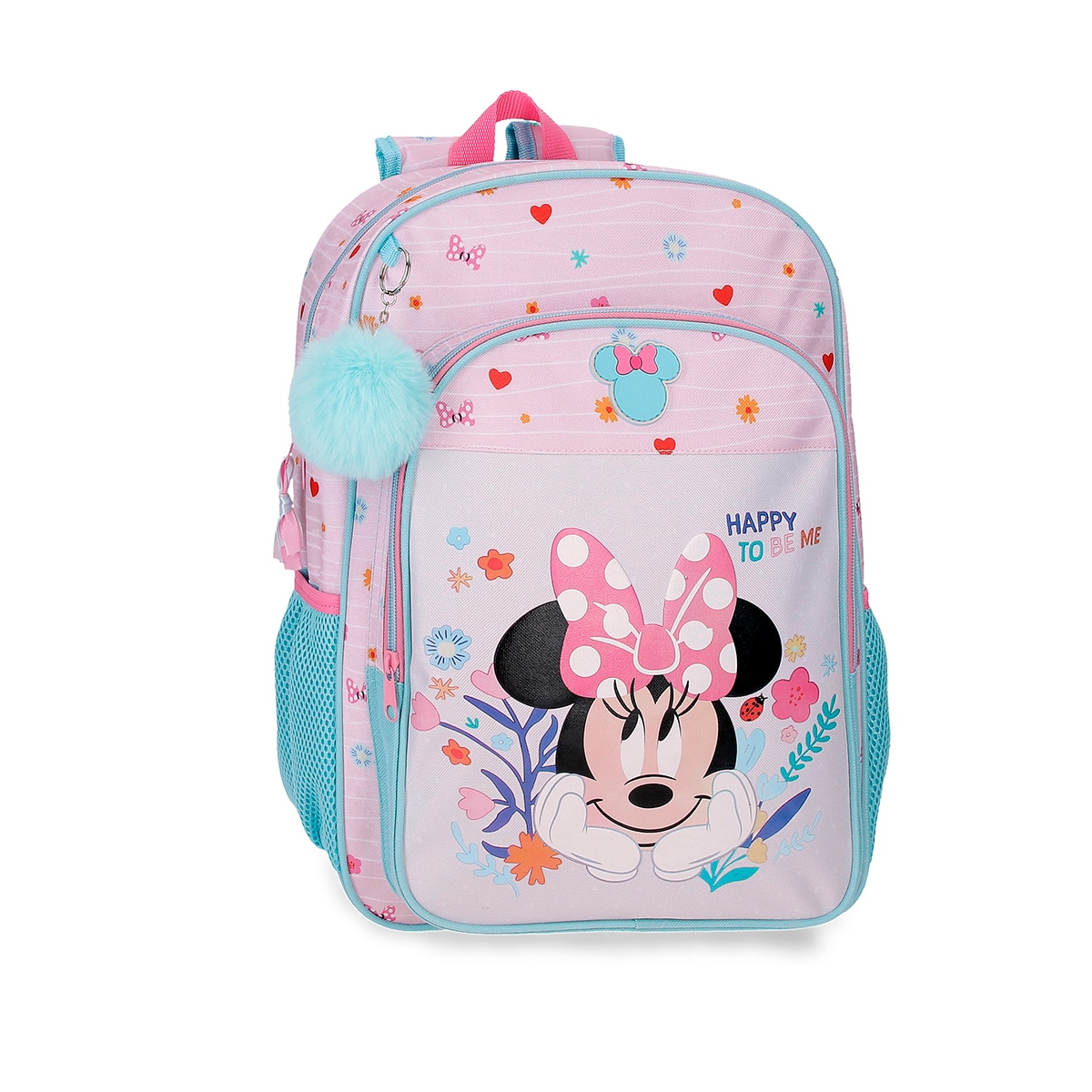 Disney - Mochila Escolar Minnie Happy To Be Me con capacidad de 15,6L adaptable a carro rosa.