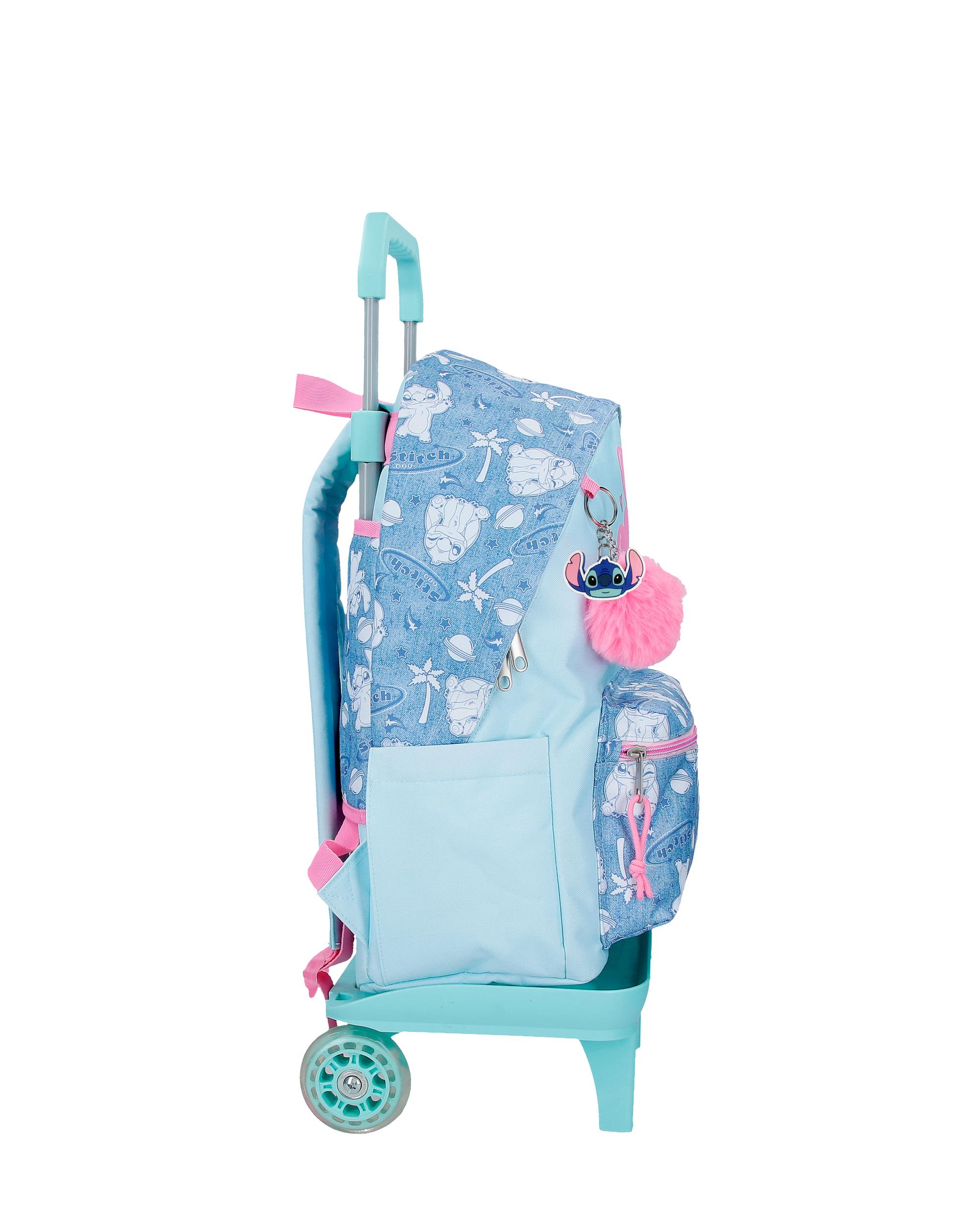 Mochila Escolar Stitch Hearts con capacidad de 21L con carro denim Azul-2