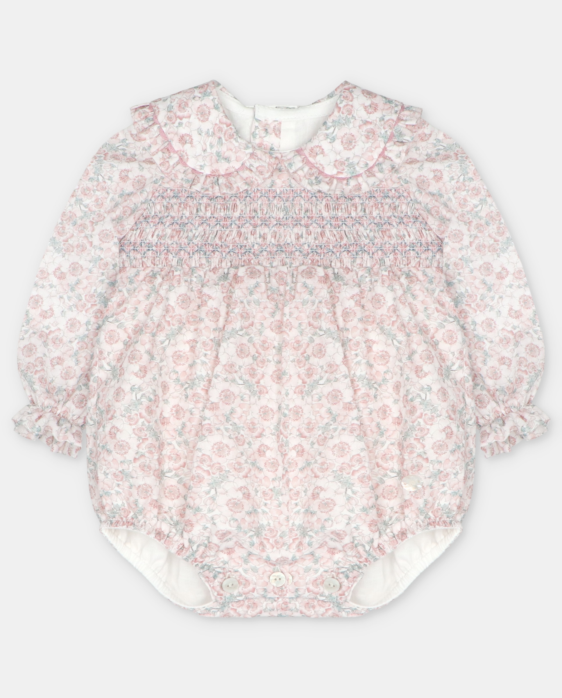 Imagen 0 de Pelele de bebé niña de algodón estampado de flores con bordado smock. Rosa claro