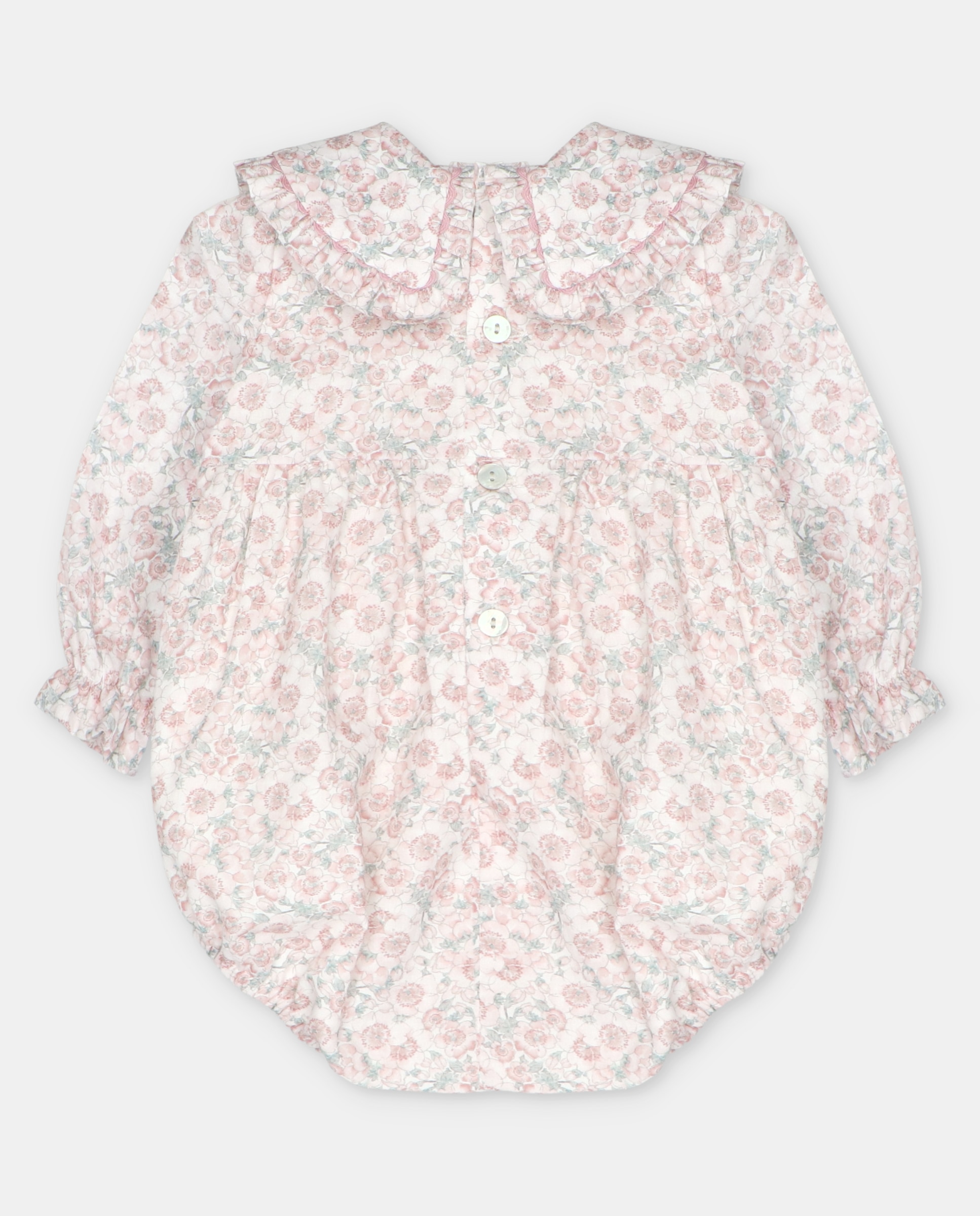 Pelele de bebé niña de algodón estampado de flores con bordado smock. - Martín Aranda - Rosa claro Rosa claro-3