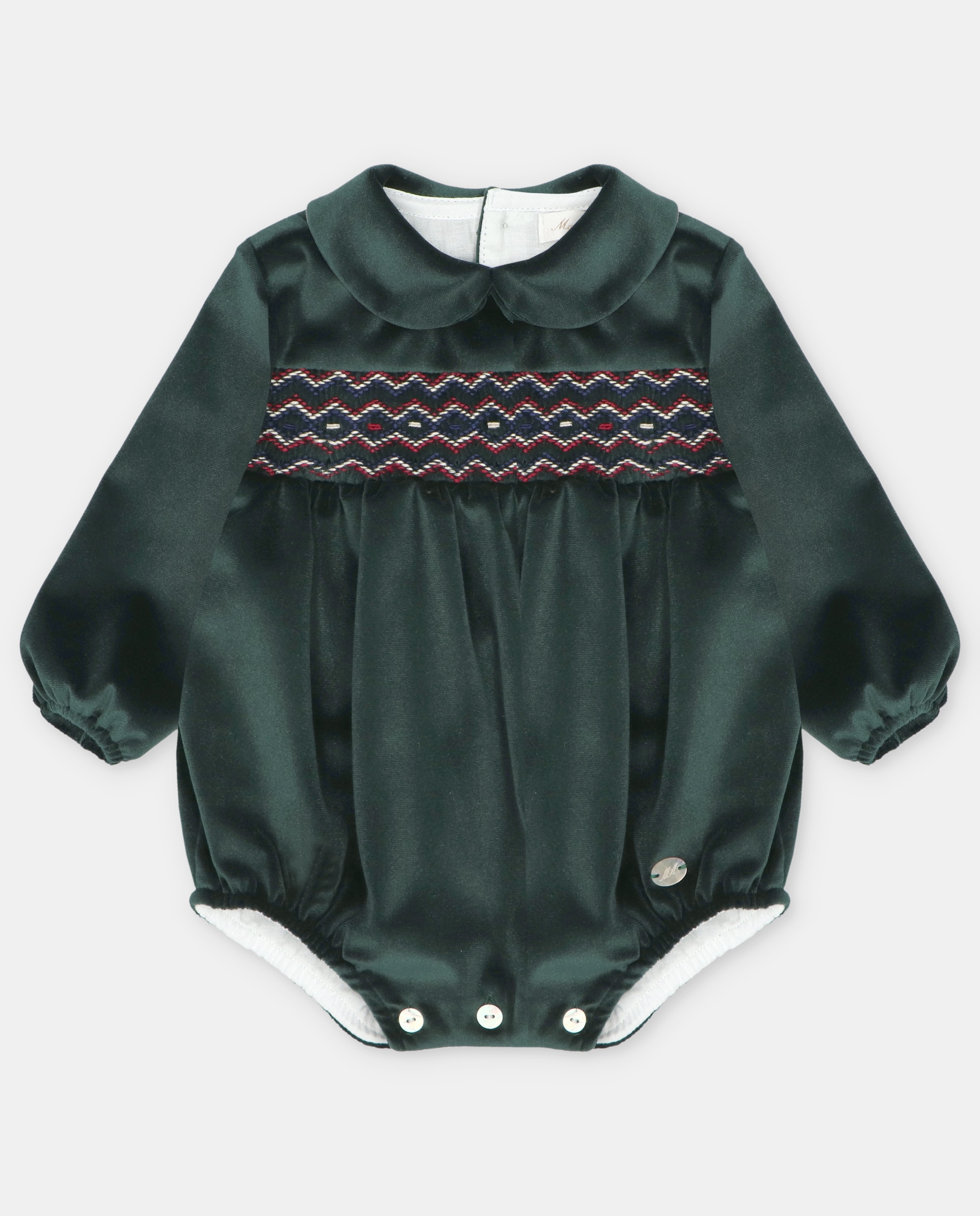 Imagen 0 de Pelele de bebé niño de terciopelo con bordado smock. Verde