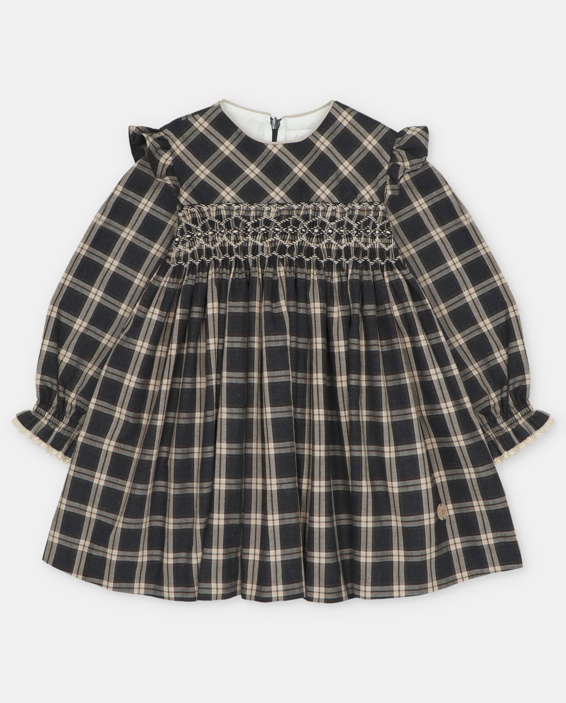 Imagen 0 de Vestido de niña de algodón estampado de cuadros con canesú engomado punto smock. Marrón oscuro