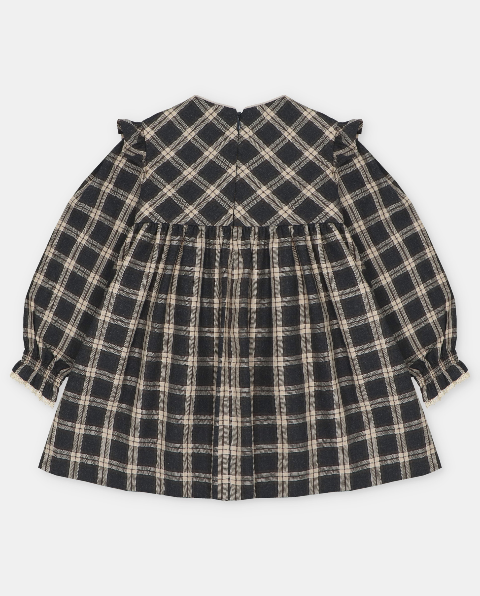 Vestido de niña de algodón estampado de cuadros con canesú engomado punto smock. - Martín Aranda - Marrón oscuro Marrón oscuro-4