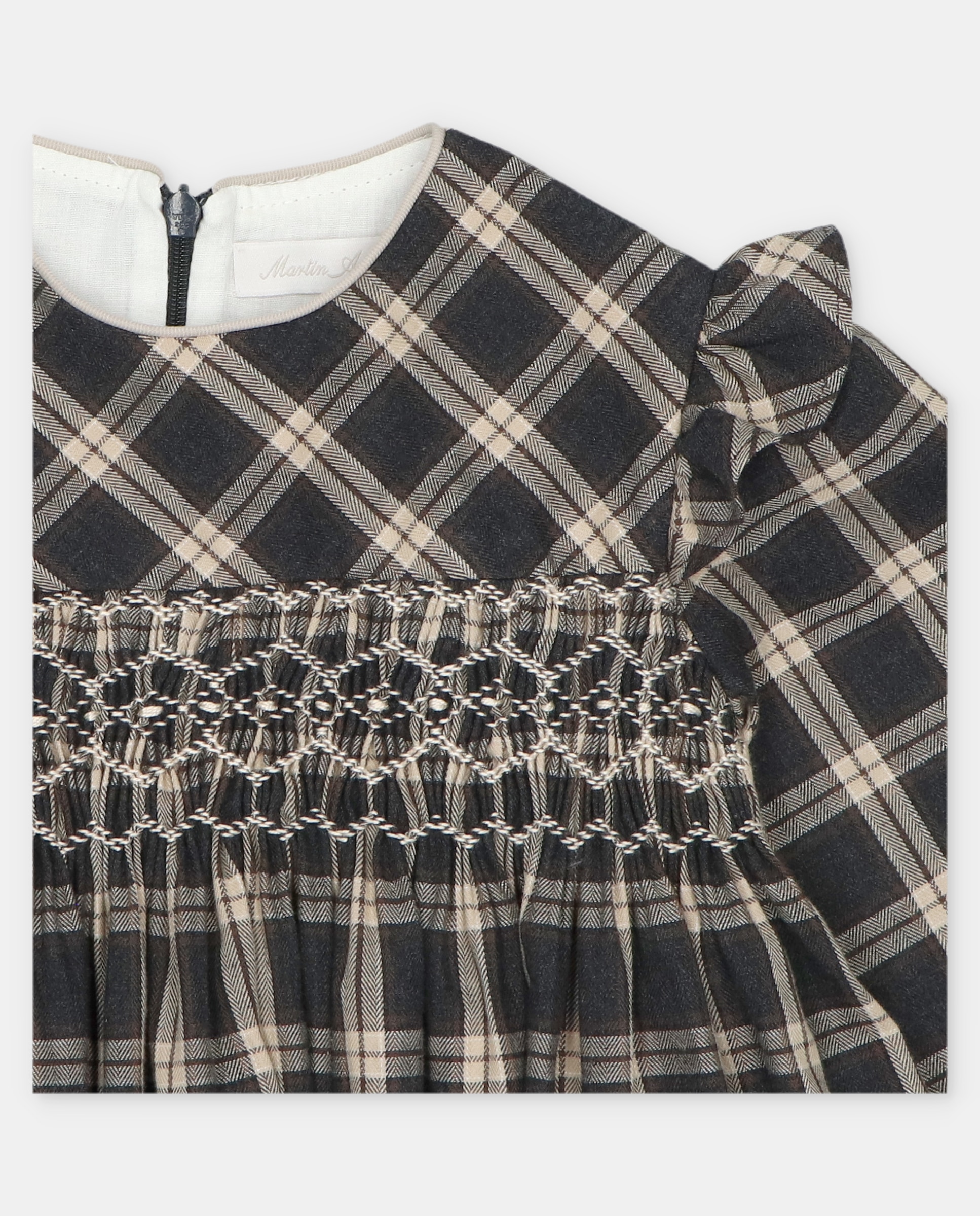 Vestido de niña de algodón estampado de cuadros con canesú engomado punto smock. - Martín Aranda - Marrón oscuro Marrón oscuro-3