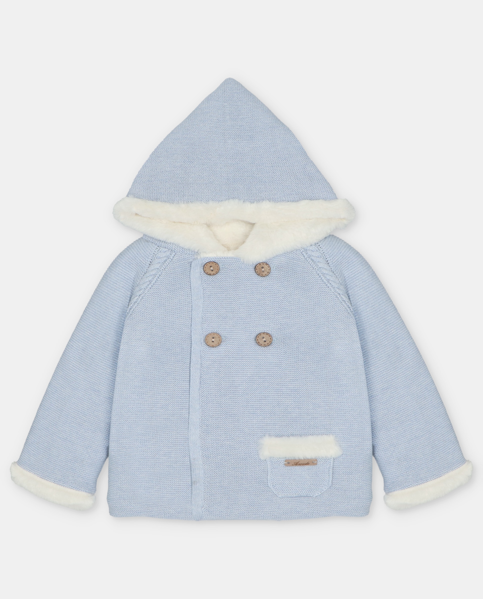 Imagen 1 de Abrigo de punto de bebés con capucha, forro de pelo y bolsillo. Azul celeste