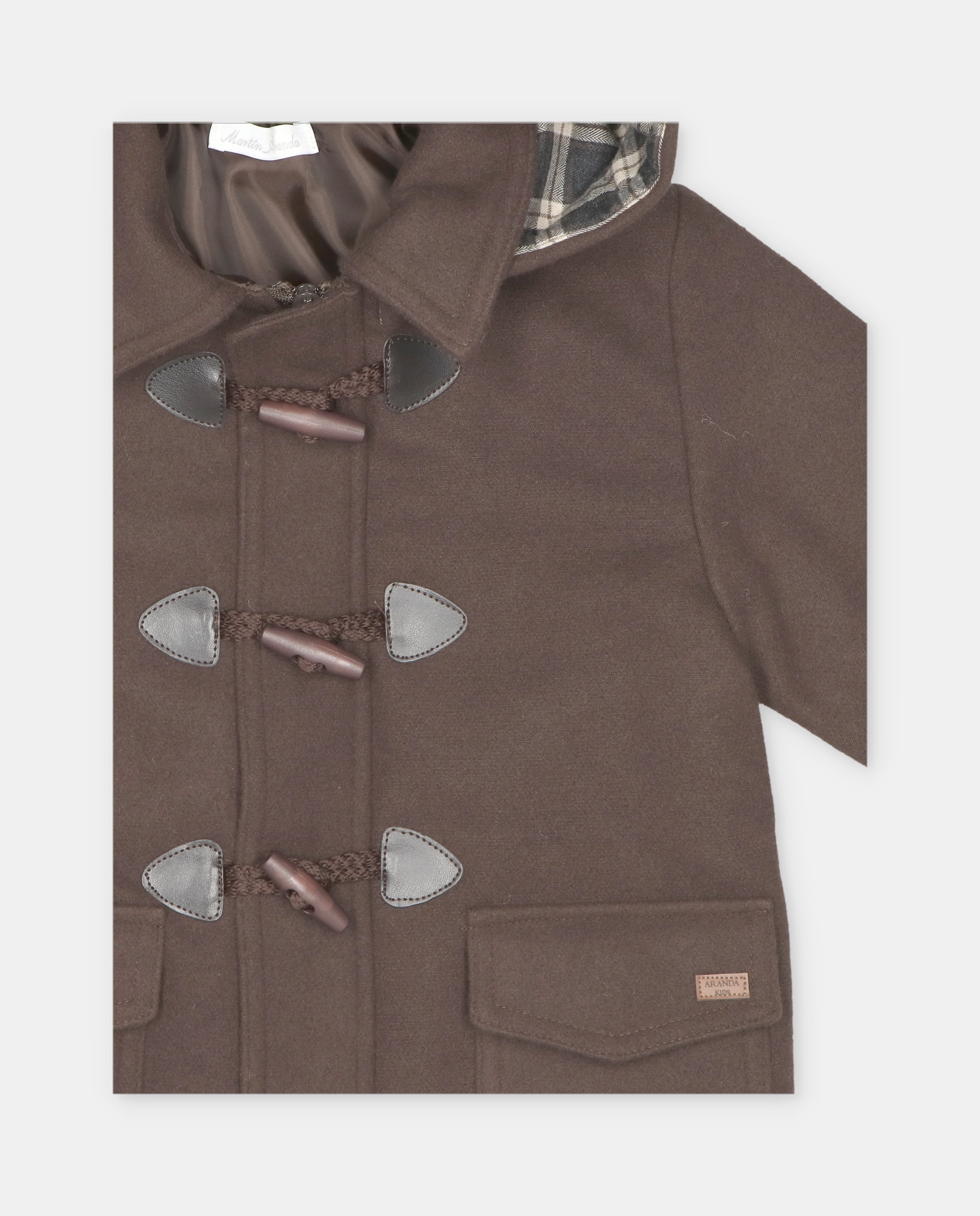 Trenka de niño de paño con capucha, cuello camisero y forro estampado de cuadros. - Martín Aranda - Marrón Marrón-4