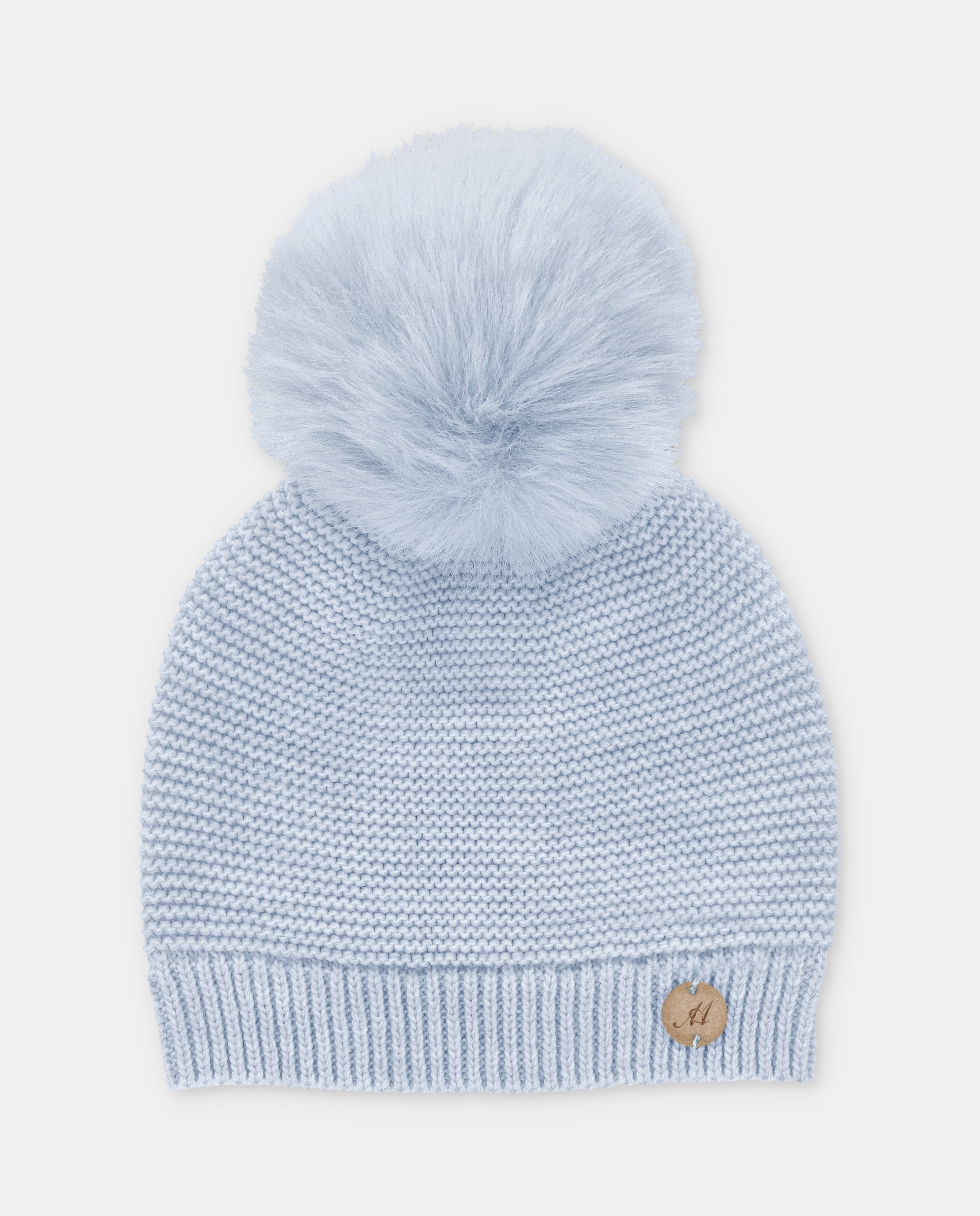 Imagen 0 de Gorro de bebés de punto con pompón de pelo. Azul celeste