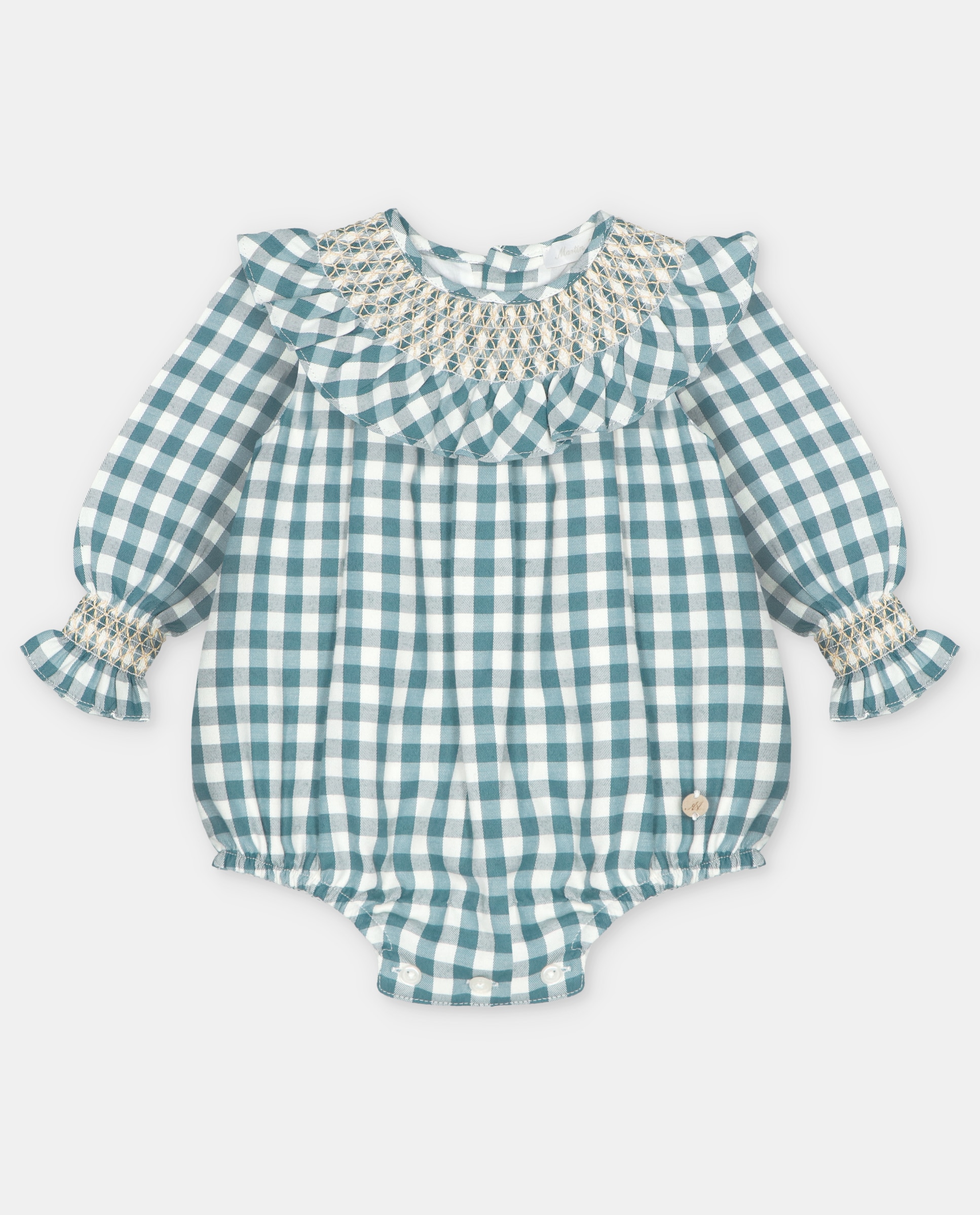 Pelele de bebé niña estampado de cuadros con cuello engomado punto smock. - Martín Aranda - Verde Verde-1