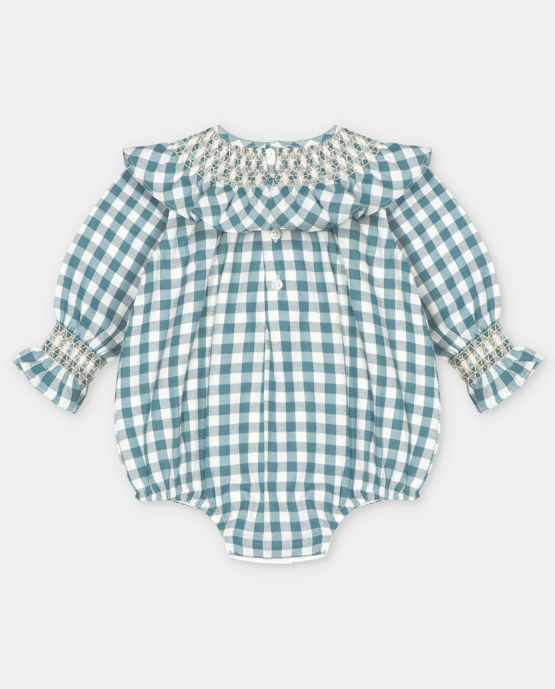 Pelele de bebé niña estampado de cuadros con cuello engomado punto smock. - Martín Aranda - Verde Verde-3