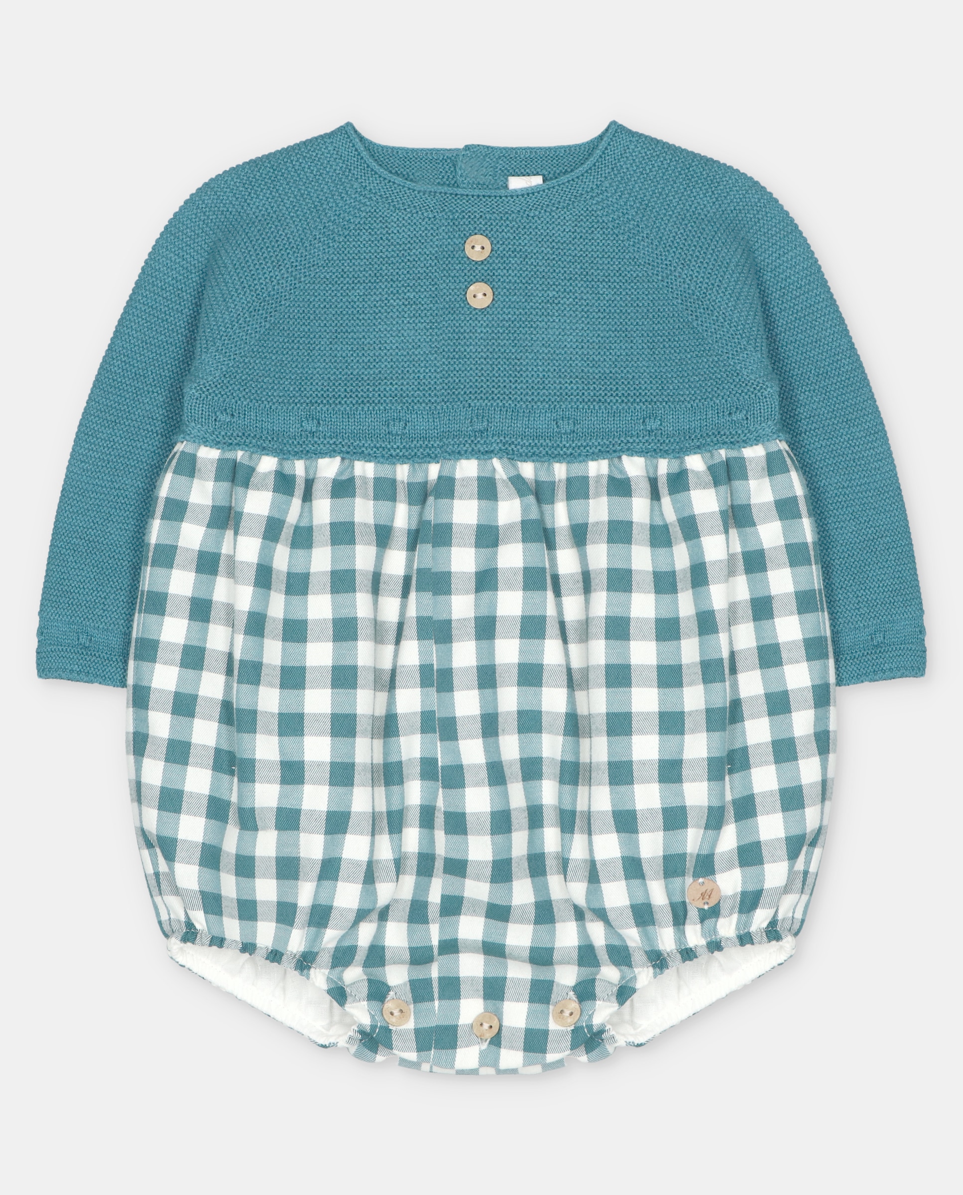 Pelele de bebé niño combinado de punto detalles bodoques con estampado de cuadros. - Martín Aranda - Verde azulado Verde azulado-1