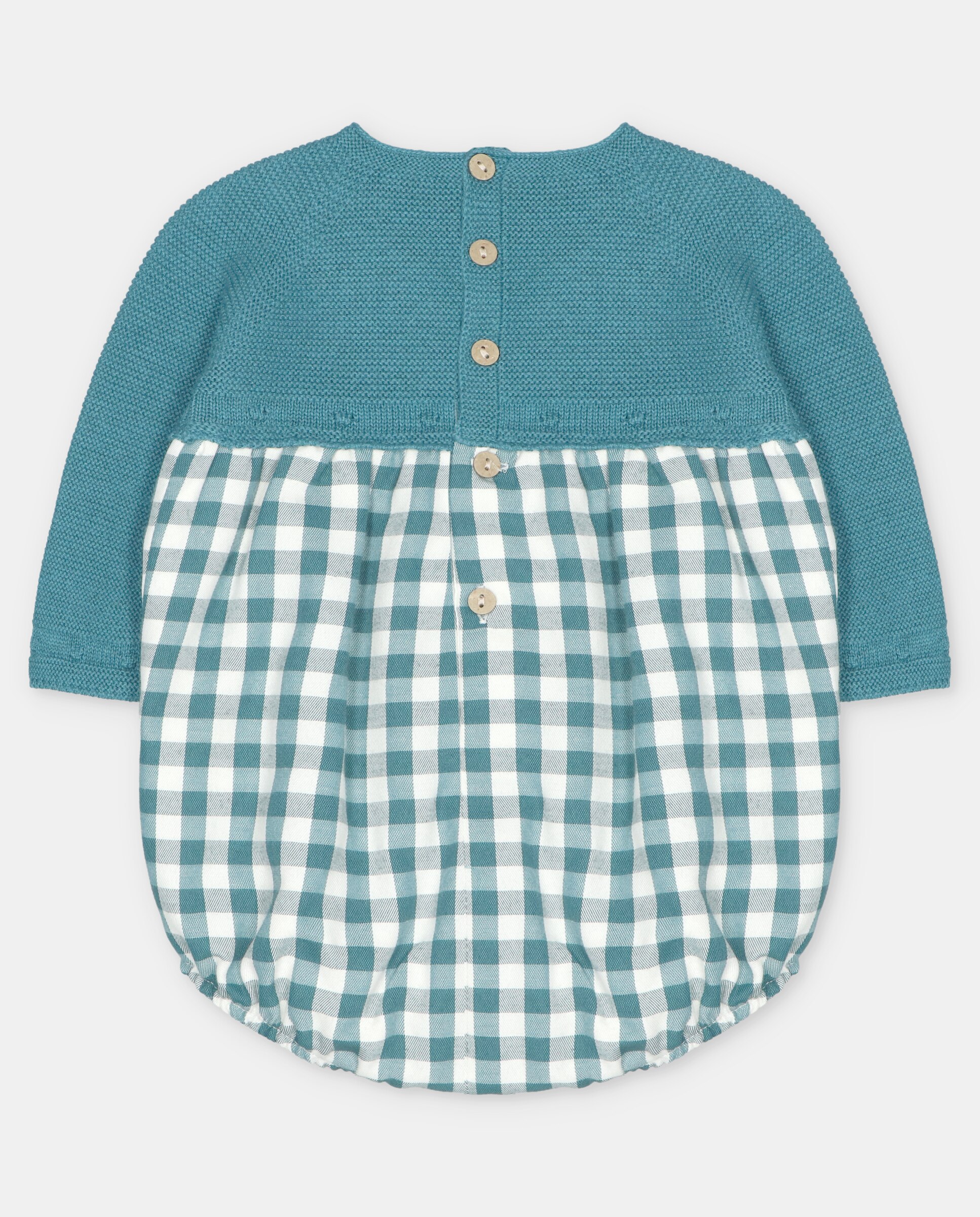 Pelele de bebé niño combinado de punto detalles bodoques con estampado de cuadros. - Martín Aranda - Verde azulado Verde azulado-3