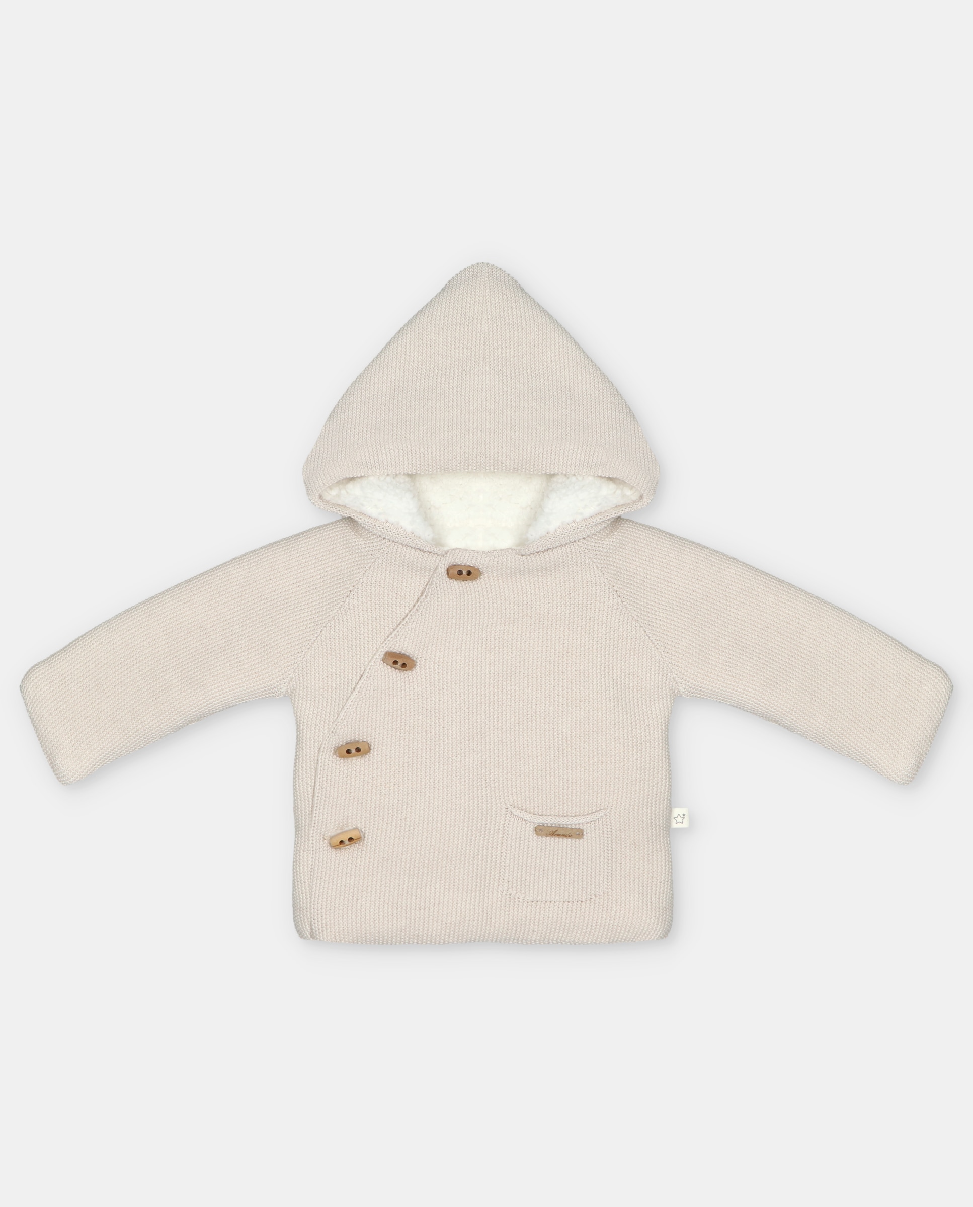 Imagen 0 de Abrigo de punto de bebé con capucha y forro de borreguito. Beige