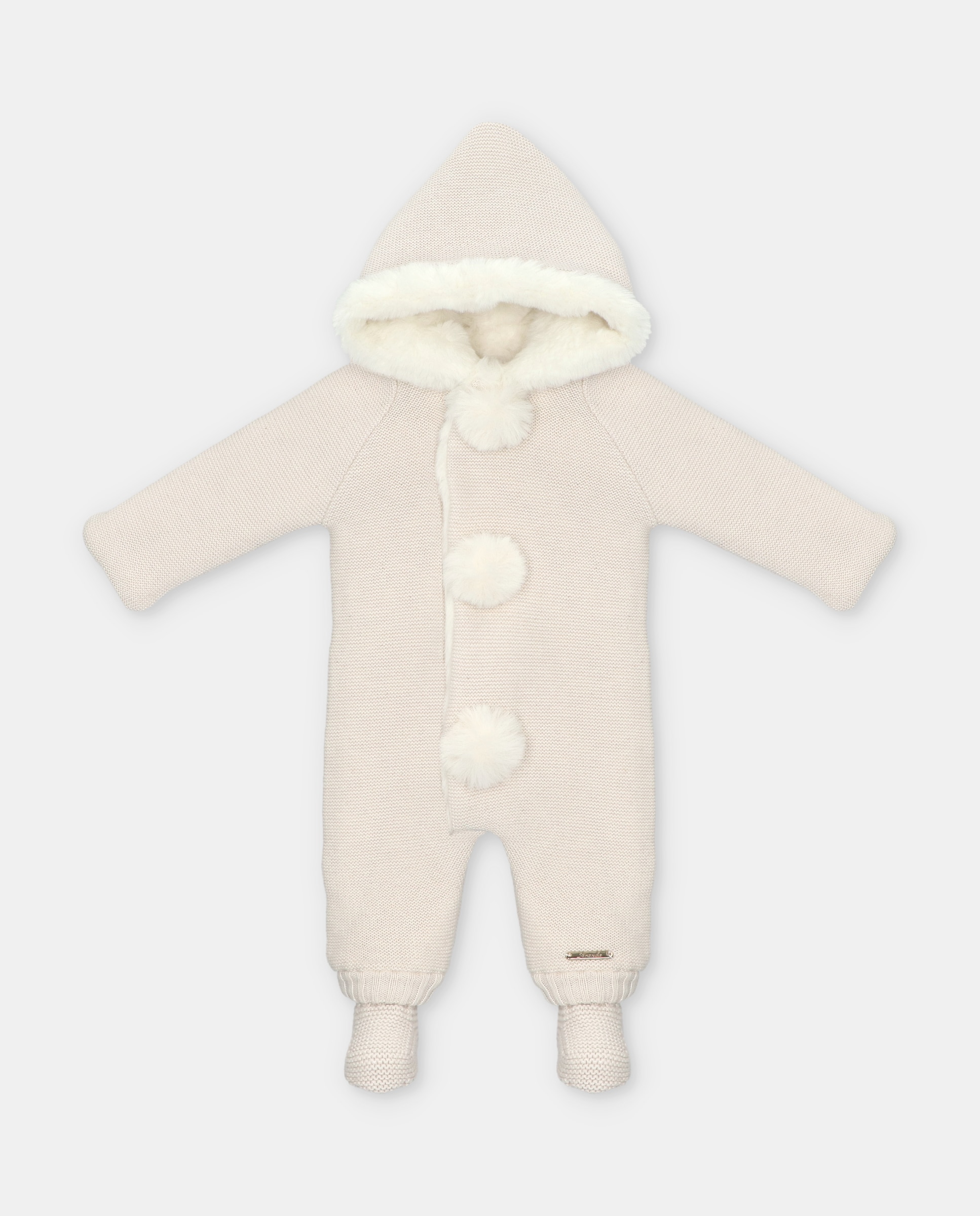 Imagen 0 de Buzo de bebés de punto con capucha y forro de pelo. Beige