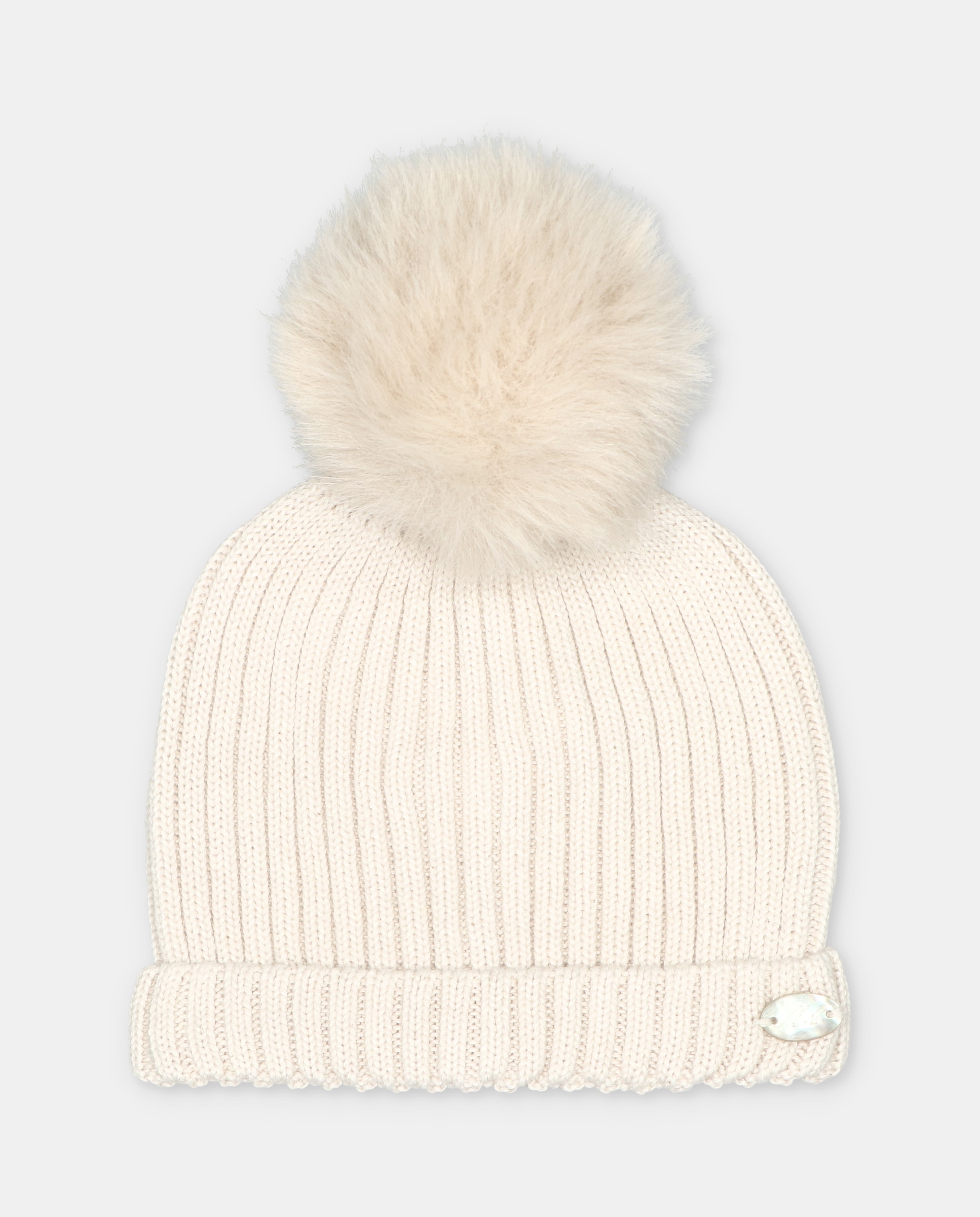 Imagen 0 de Gorro de bebés de punto canalé con pompón de pelo. Beige