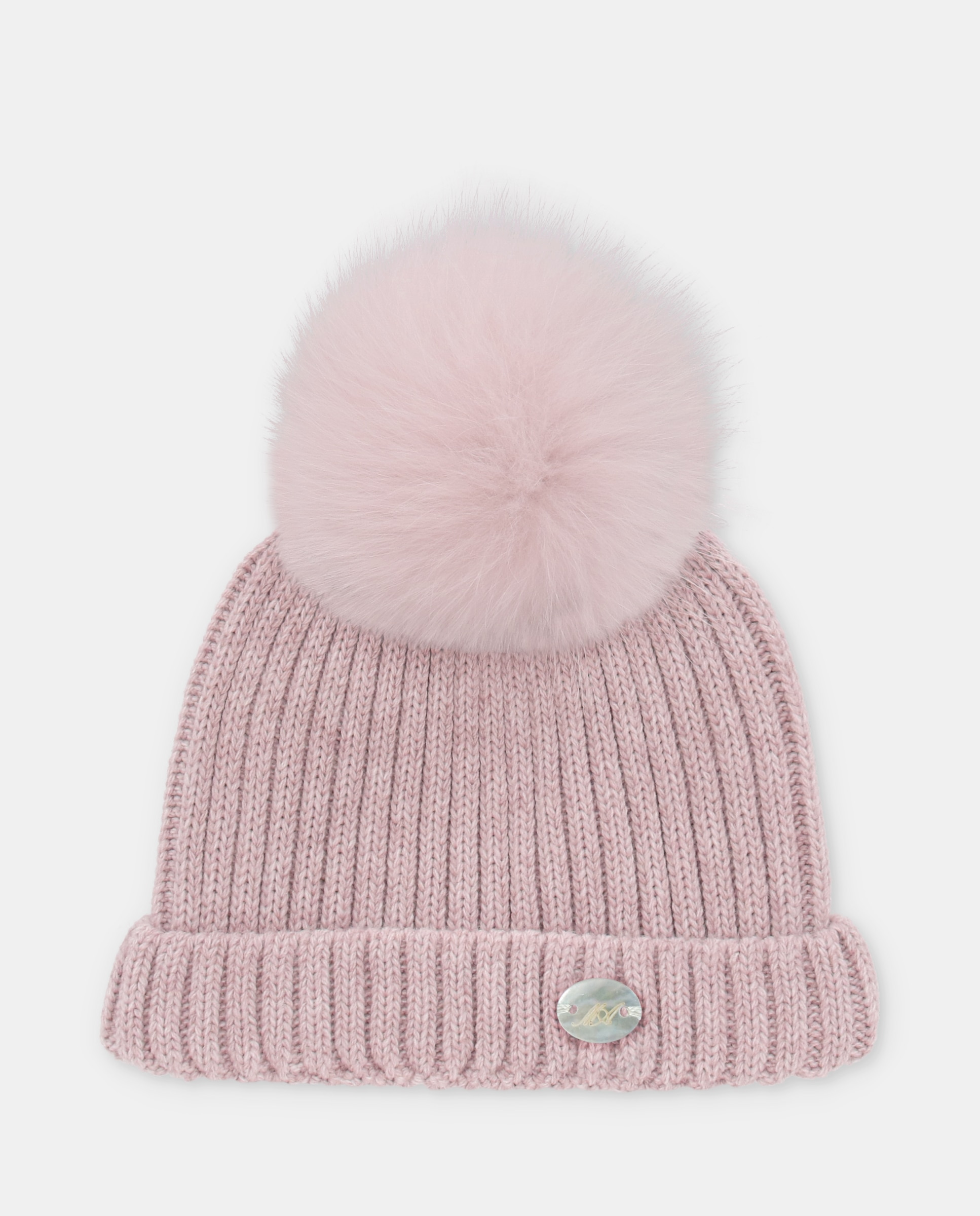Imagen 1 de Gorro de bebés de punto canalé con pompón de pelo. - Martín Aranda - Rosa claro Rosa claro