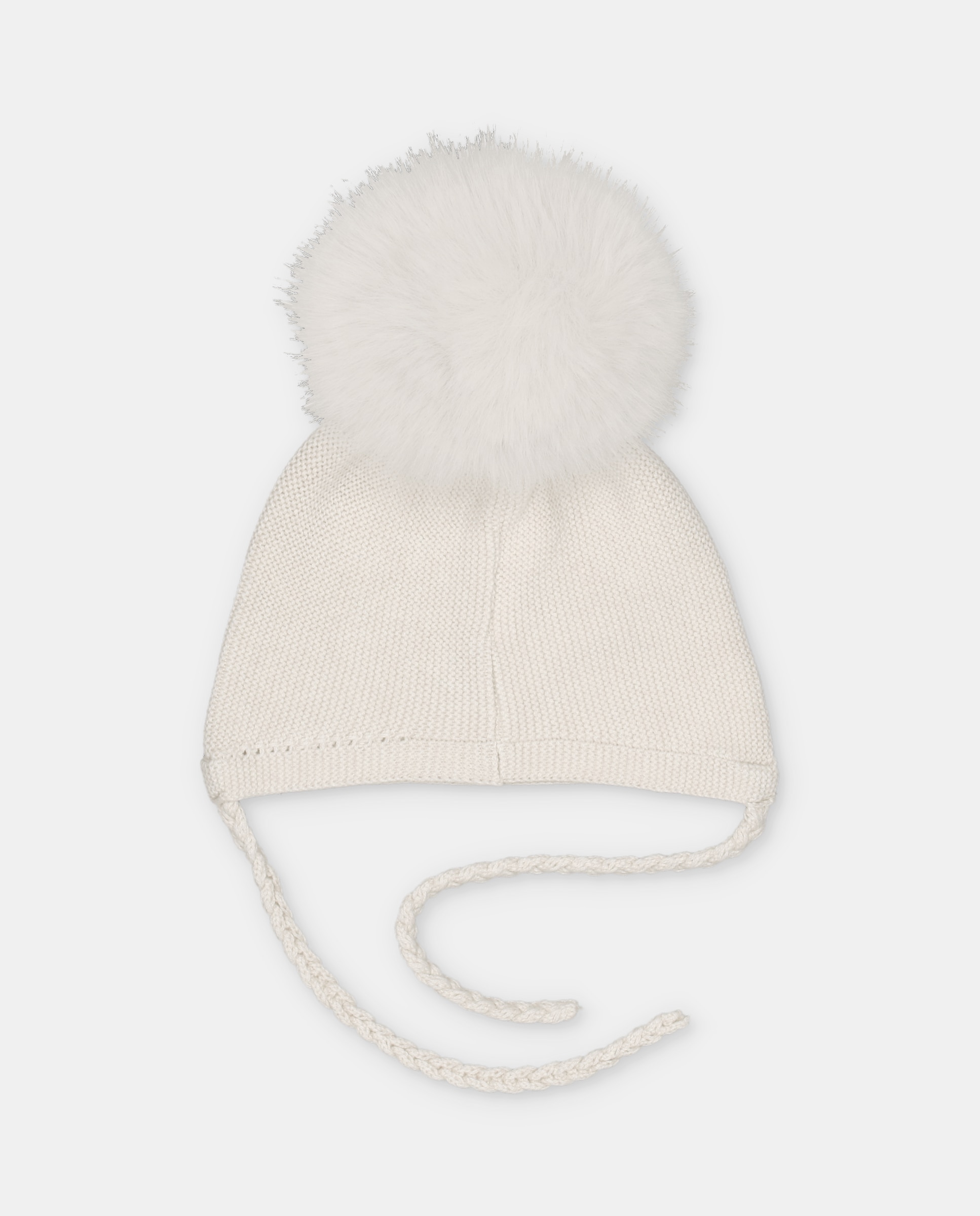 Gorro de bebés de punto con pompón de pelo y cierre de tiras trenzadas. - Martín Aranda - Beige Beige-3