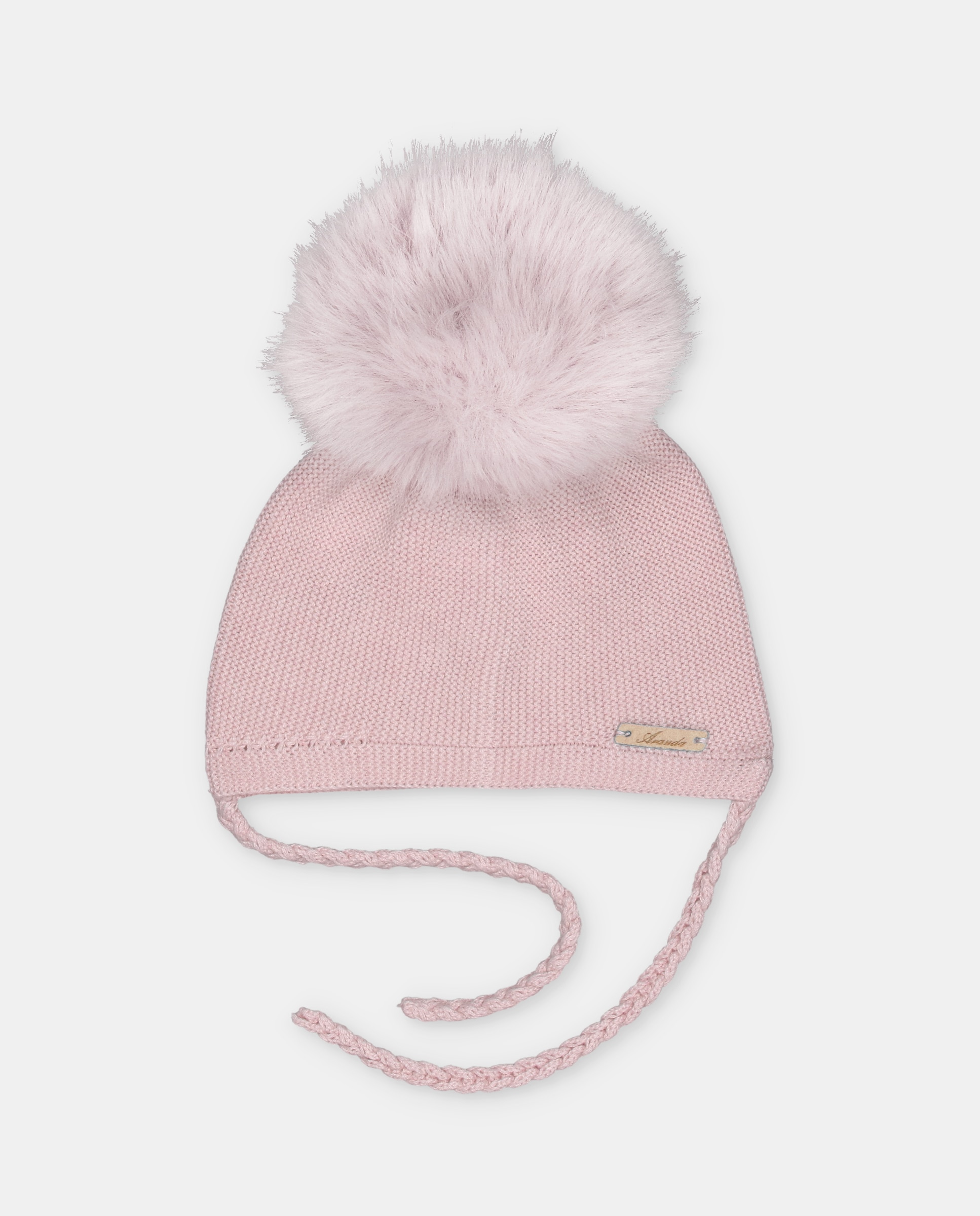 Gorro de bebés de punto con pompón de pelo y cierre de tiras trenzadas. - Martín Aranda - Rosa claro Rosa claro-1