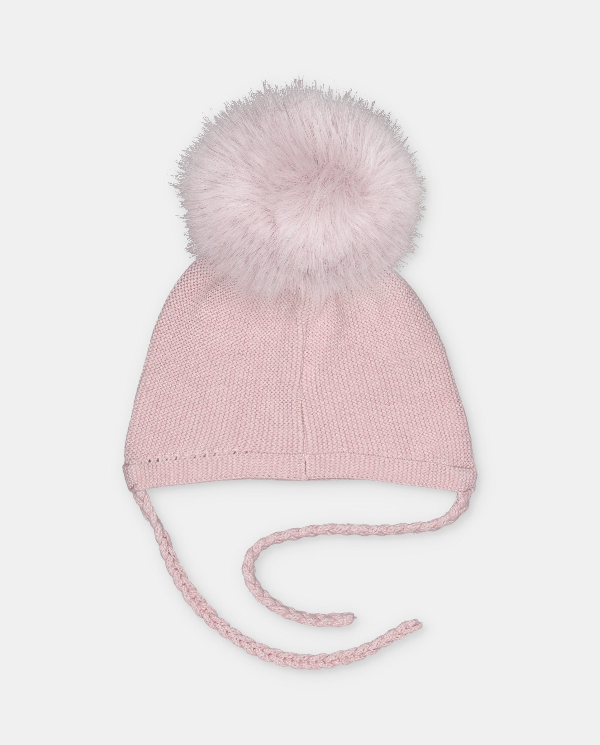 Gorro de bebés de punto con pompón de pelo y cierre de tiras trenzadas. - Martín Aranda - Rosa claro Rosa claro-3