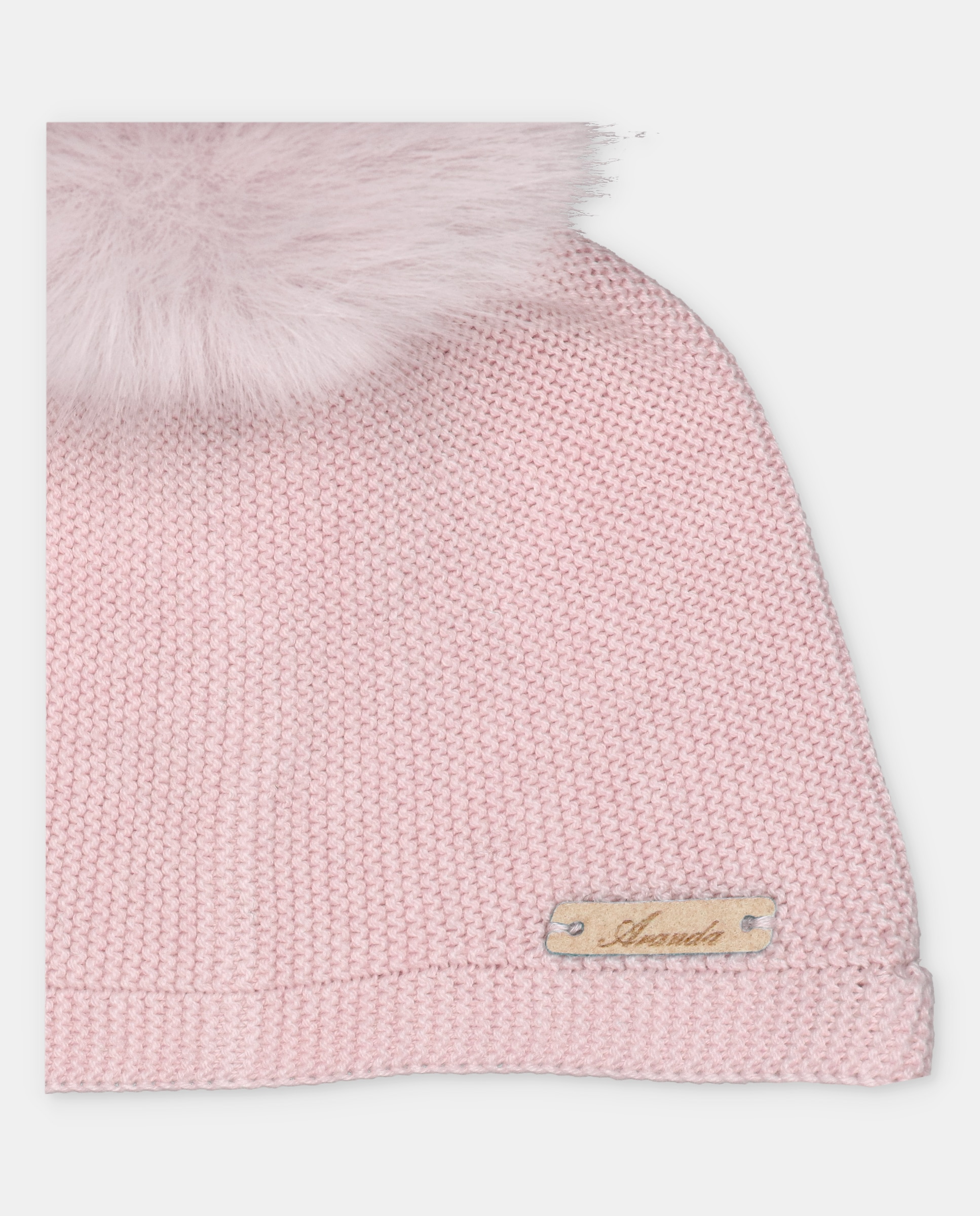 Gorro de bebés de punto con pompón de pelo y cierre de tiras trenzadas. - Martín Aranda - Rosa claro Rosa claro-2
