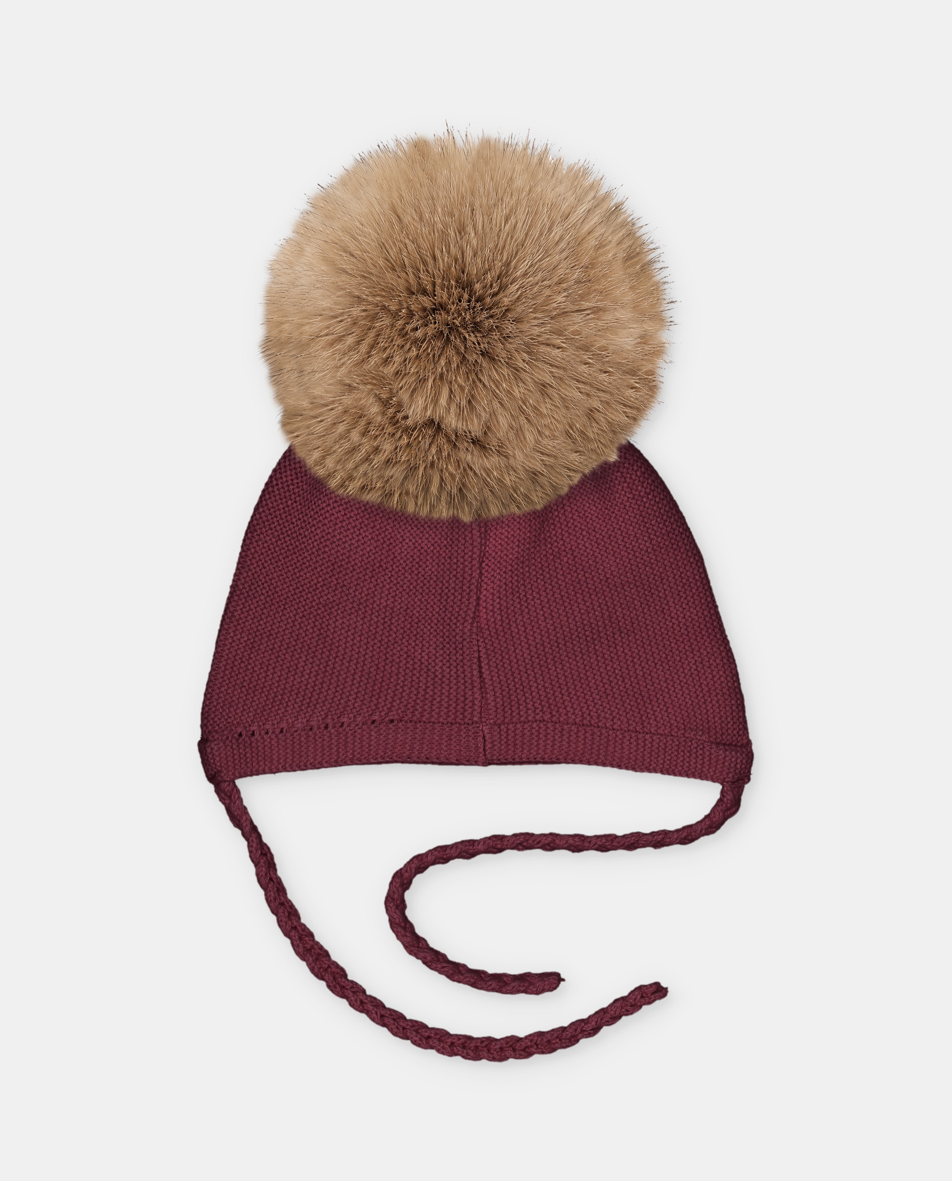 Gorro de bebés de punto con pompón de pelo y cierre de tiras trenzadas. - Martín Aranda - Burdeos Burdeos-3