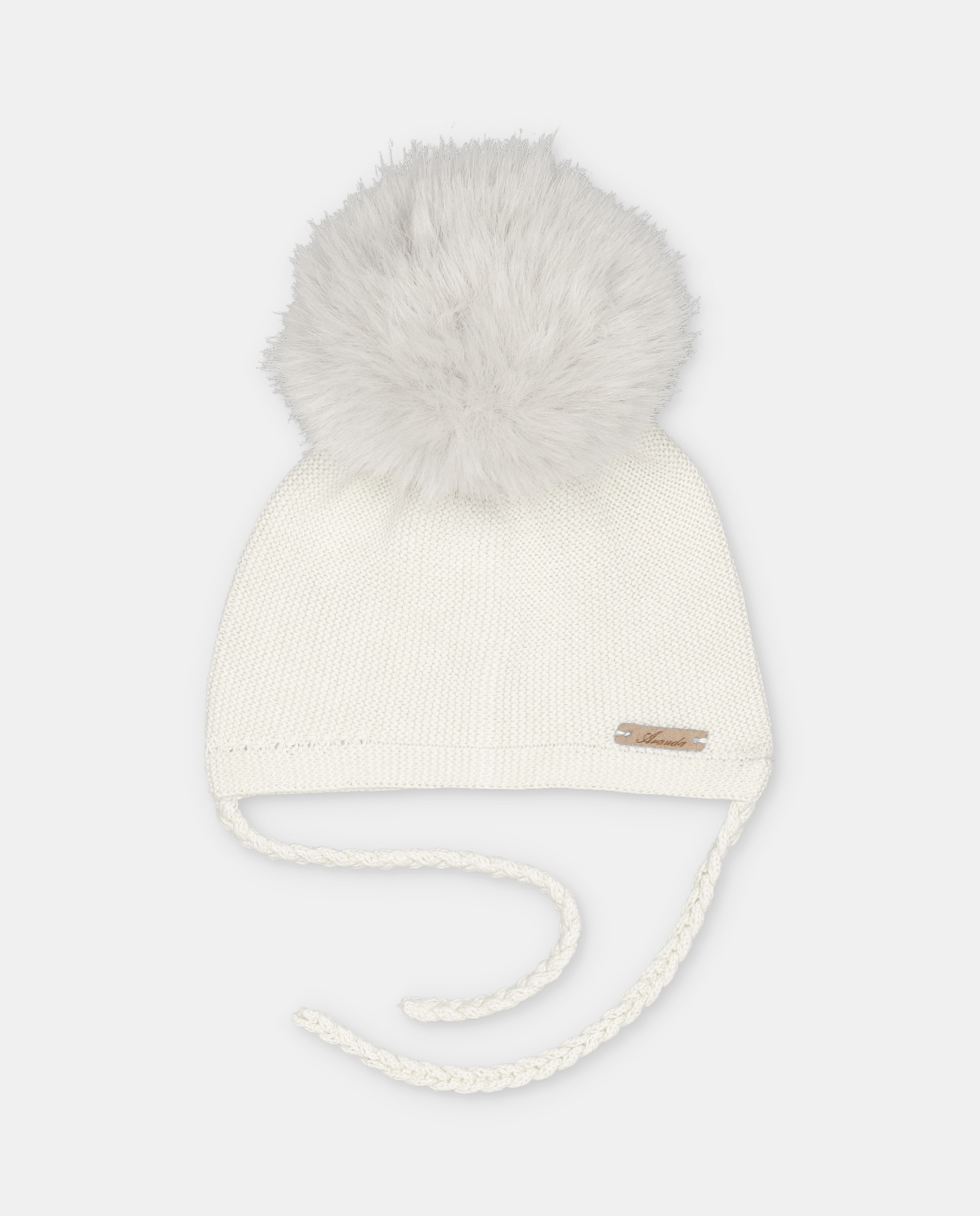 Gorro de bebés de punto con pompón de pelo y cierre de tiras trenzadas. - Martín Aranda - Natural Natural-1