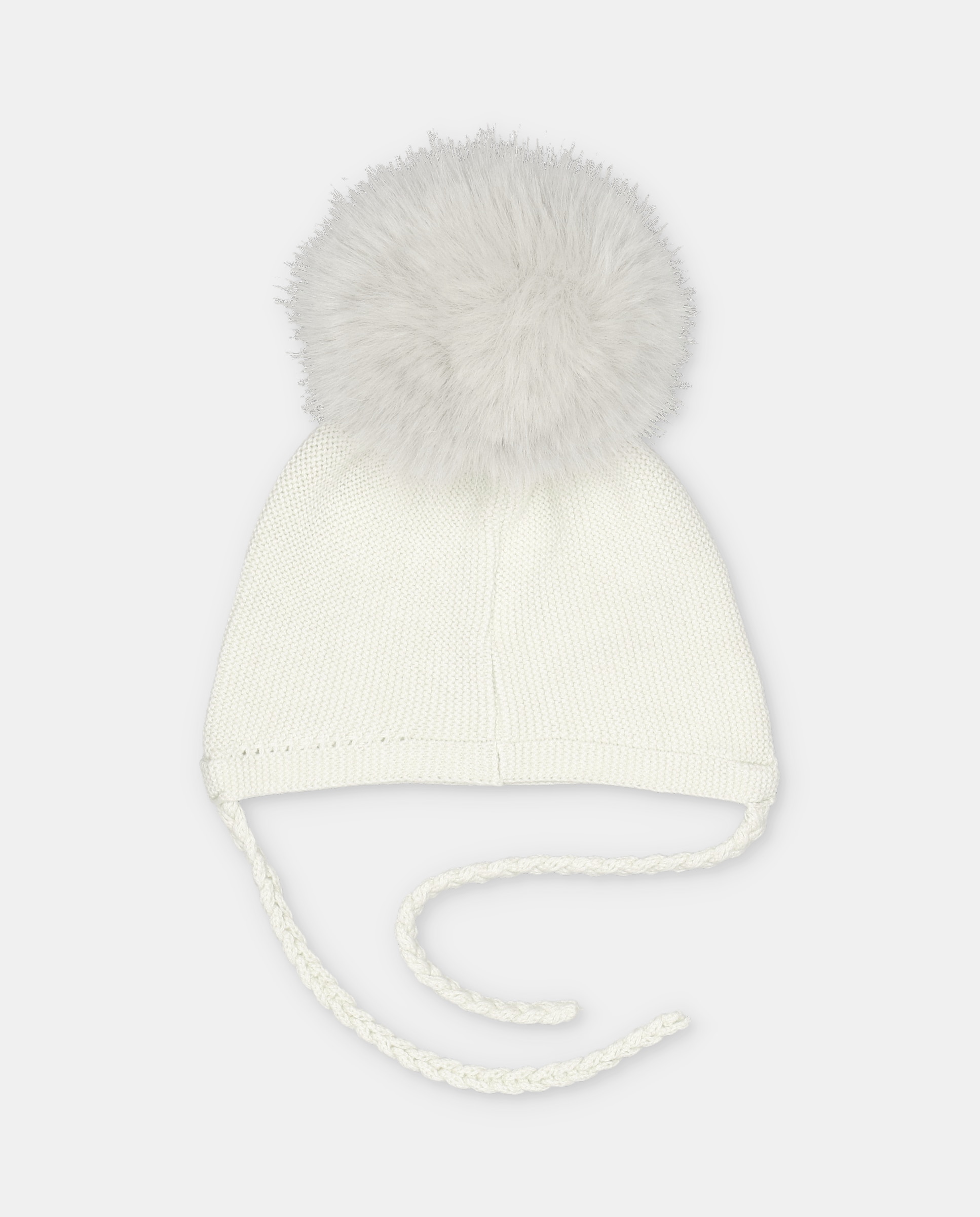 Gorro de bebés de punto con pompón de pelo y cierre de tiras trenzadas. - Martín Aranda - Natural Natural-3