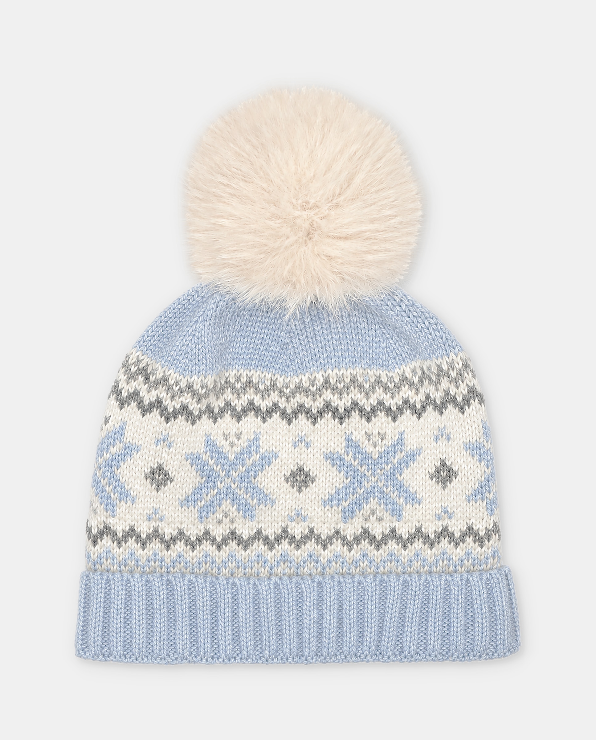 Imagen 0 de Gorro de bebés de punto con cenefa y pompón de pelo. Azul celeste