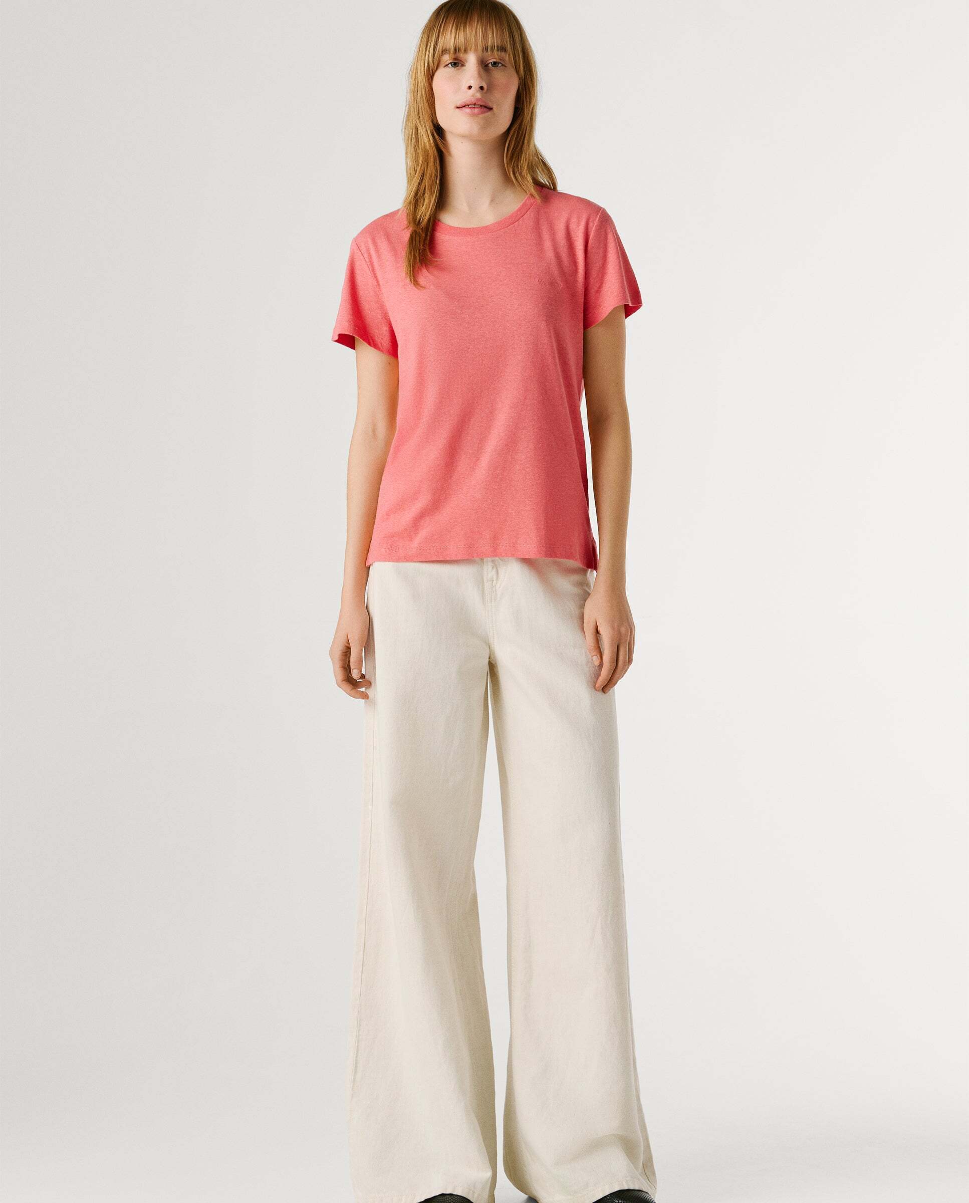 Camiseta de lino logo bordado - Pepe Jeans - Rosa Rosa-2